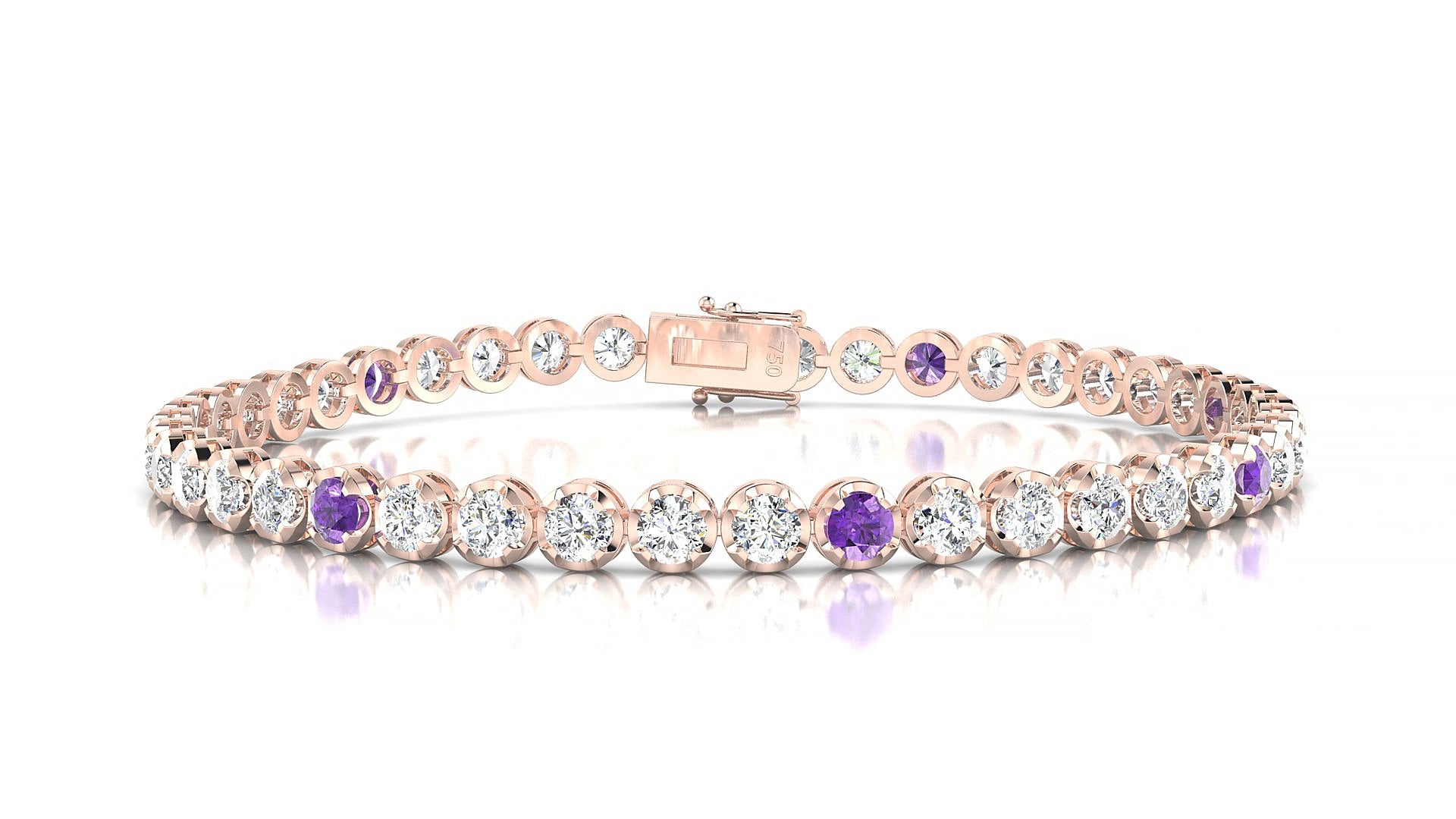 Bengal 1-5 | 18k Rose Gold 3 mm Round Natural Amethyst & Diamond 17 cm Tennis Bracelet