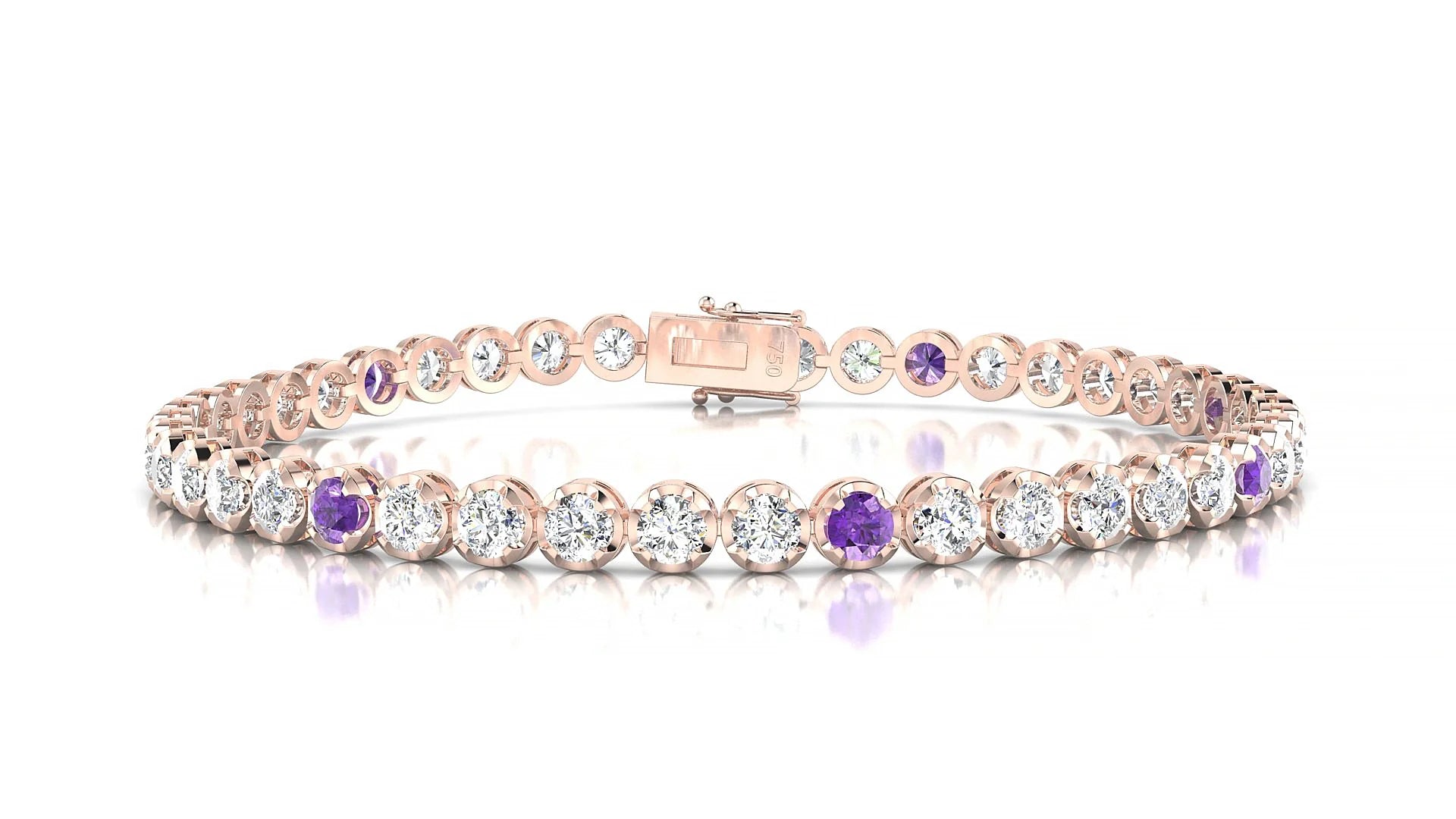 Bengal 1-5 | 18k Rose Gold 3 mm Round Natural Amethyst & Diamond Tennis Bracelet