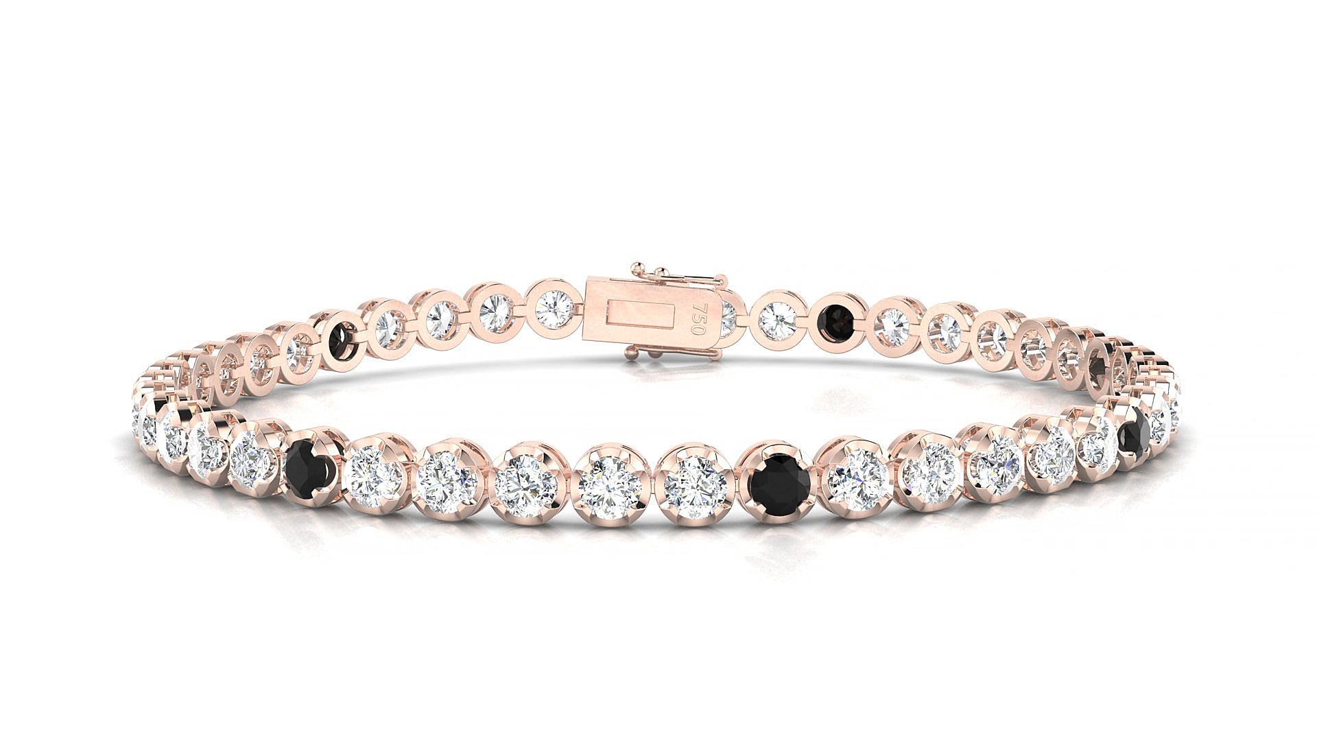 Bengal 1-5 | 18k Rose Gold 3 mm Round Natural Black Diamond & Diamond 15 cm Tennis Bracelet