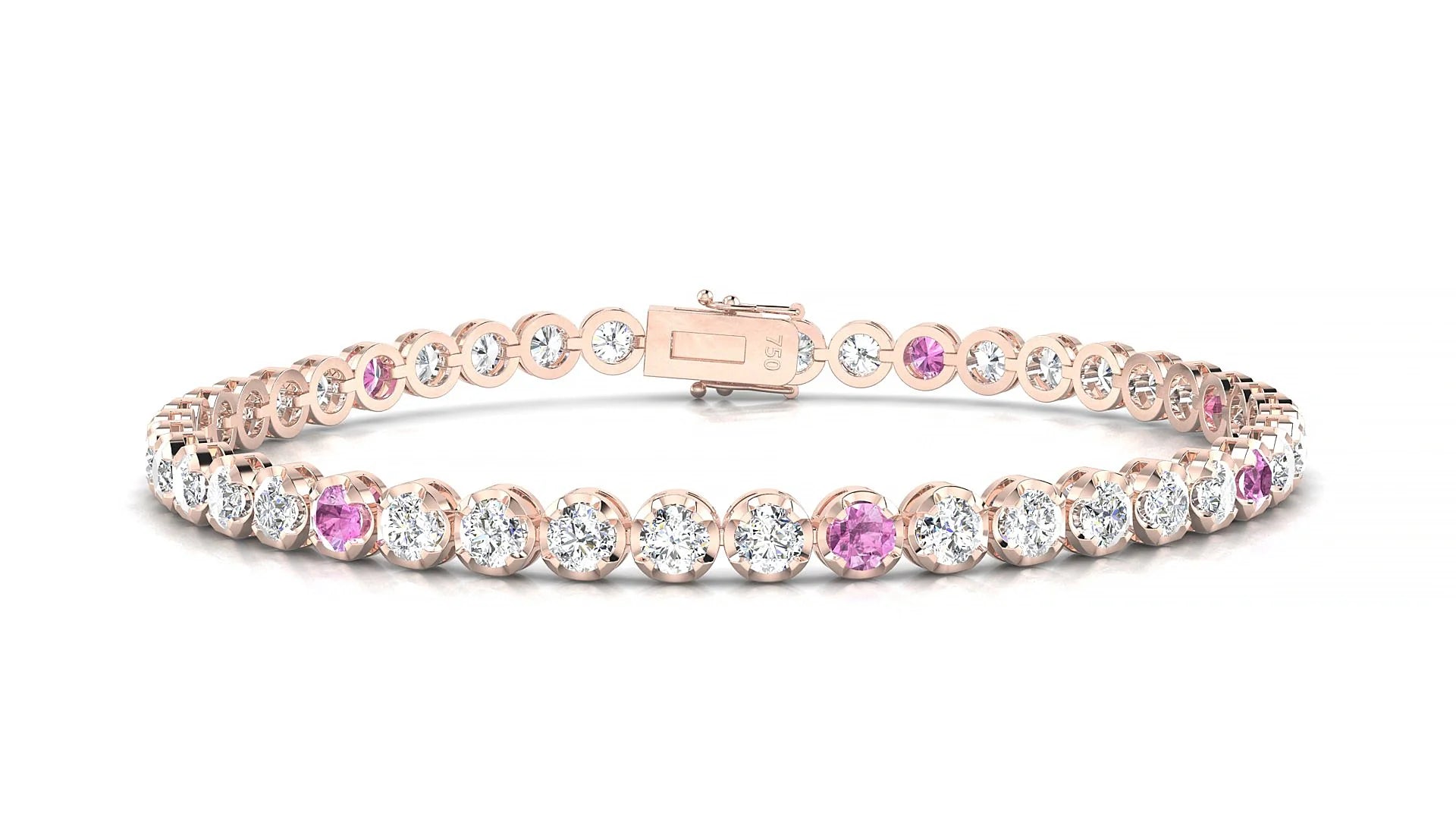 Bengal 1-5 | 18k Rose Gold 3 mm Round Natural Pink Sapphire & Diamond Tennis Bracelet