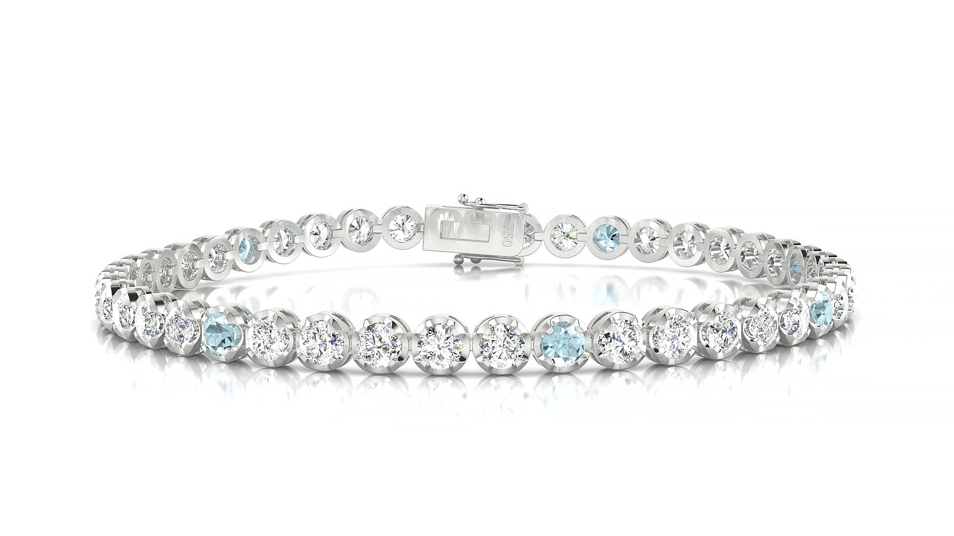 Bengal 1-5 | 18k White Gold 3 mm Round Natural Aquamarine & Diamond 15 cm Tennis Bracelet