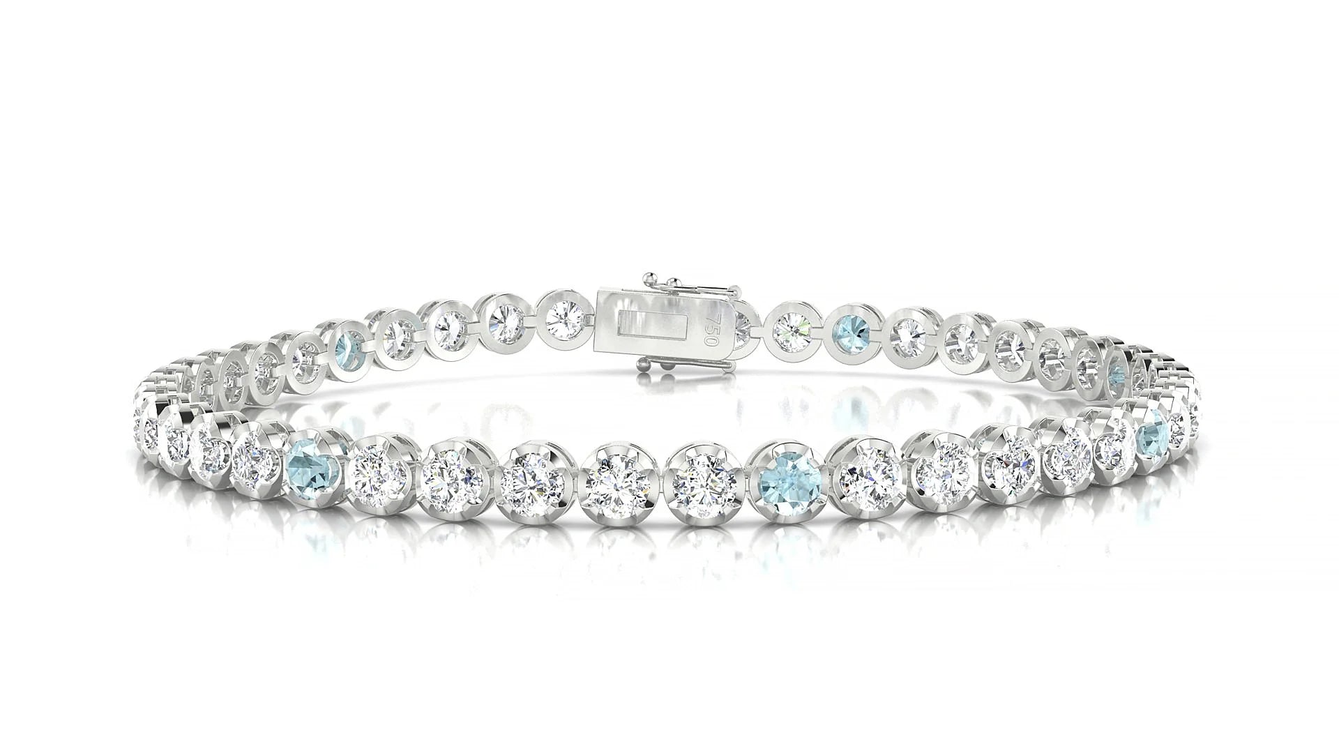 Bengal 1-5 | 18k White Gold 3 mm Round Natural Aquamarine & Diamond Tennis Bracelet