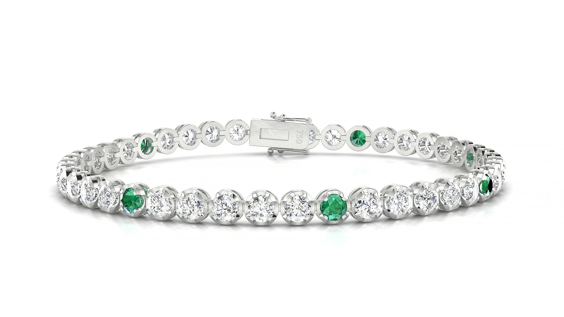 Bengal 1-5 | 18k White Gold 3 mm Round Natural Emerald & Diamond Tennis Bracelet