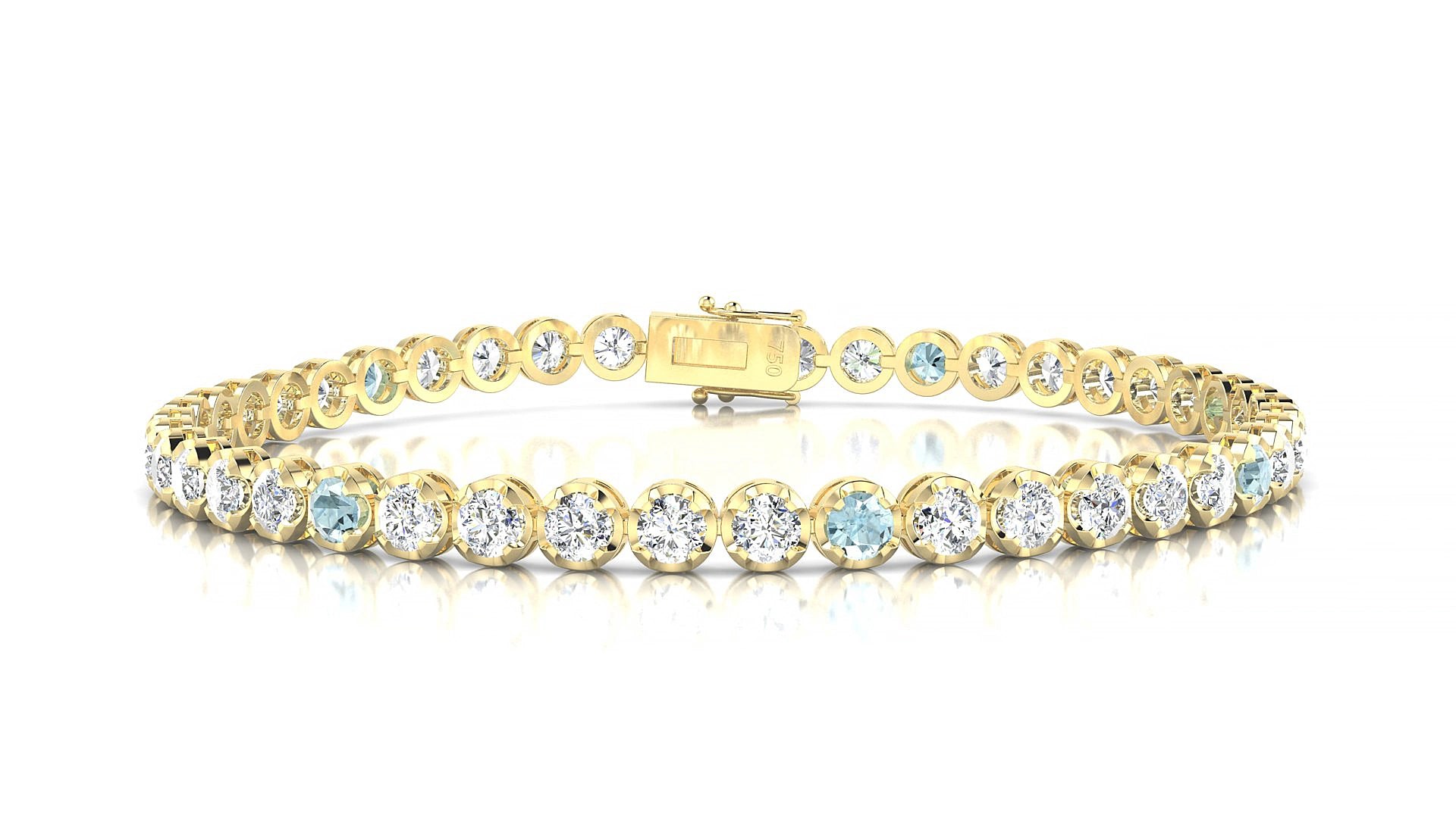 Bengal 1-5 | 18k Yellow Gold 3 mm Round Natural Aquamarine & Diamond 15 cm Tennis Bracelet