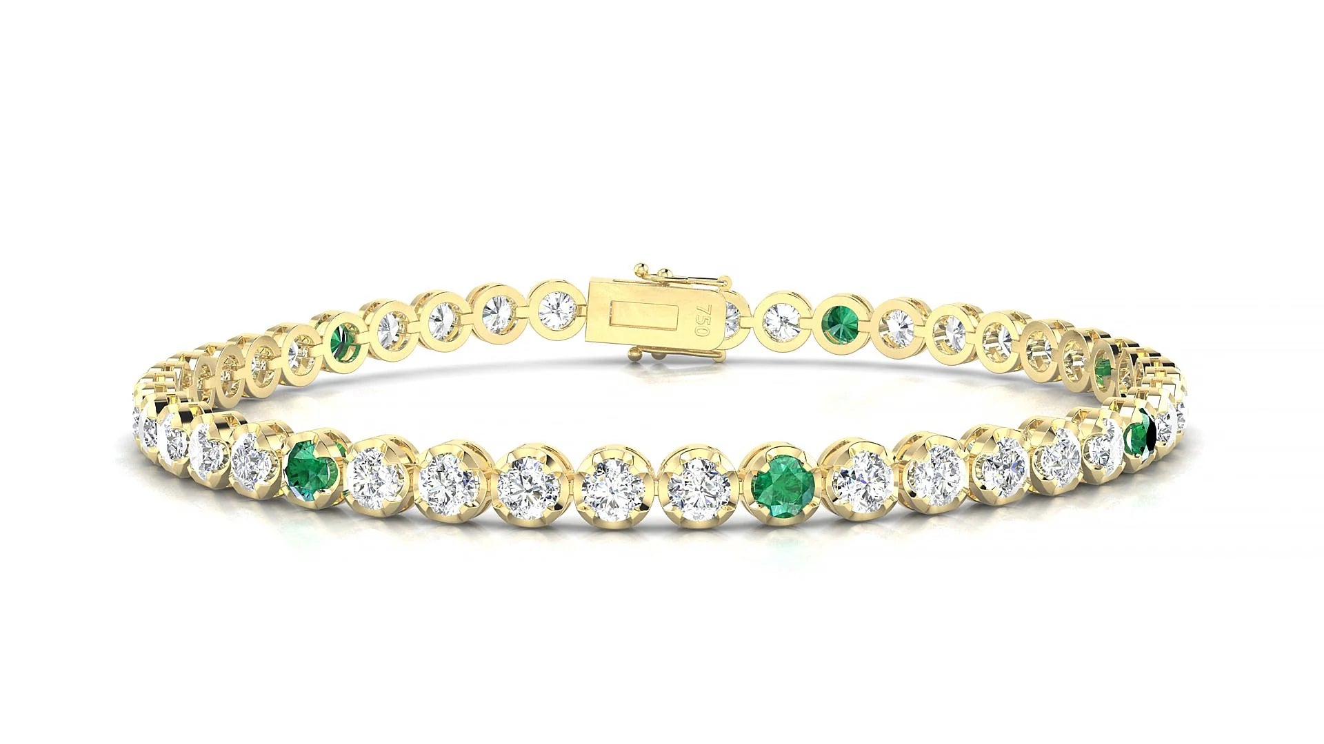 Bengal 1-5 | 18k Yellow Gold 3 mm Round Natural Emerald & Diamond Tennis Bracelet