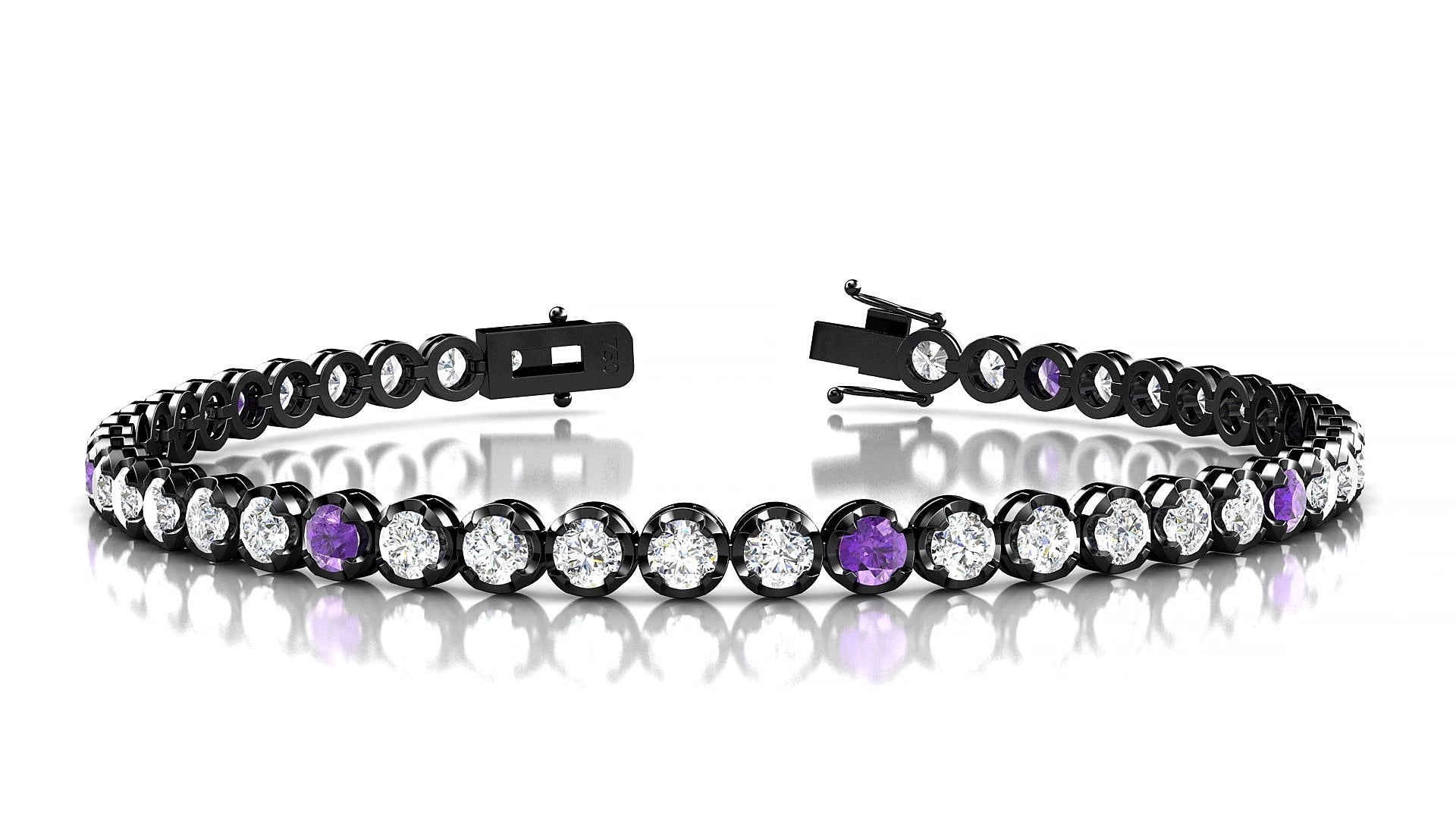 Bengal 1-5 | 18k Black Gold 3 mm Round Natural Amethyst & Diamond 19 cm Tennis Bracelet
