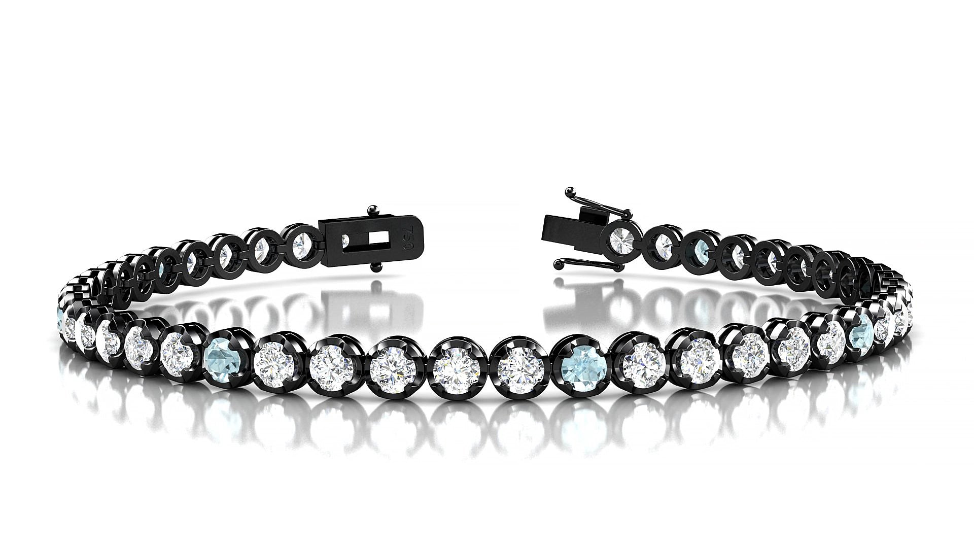 Bengal 1-5 | 18k Black Gold 3 mm Round Natural Aquamarine & Diamond 15 cm Tennis Bracelet