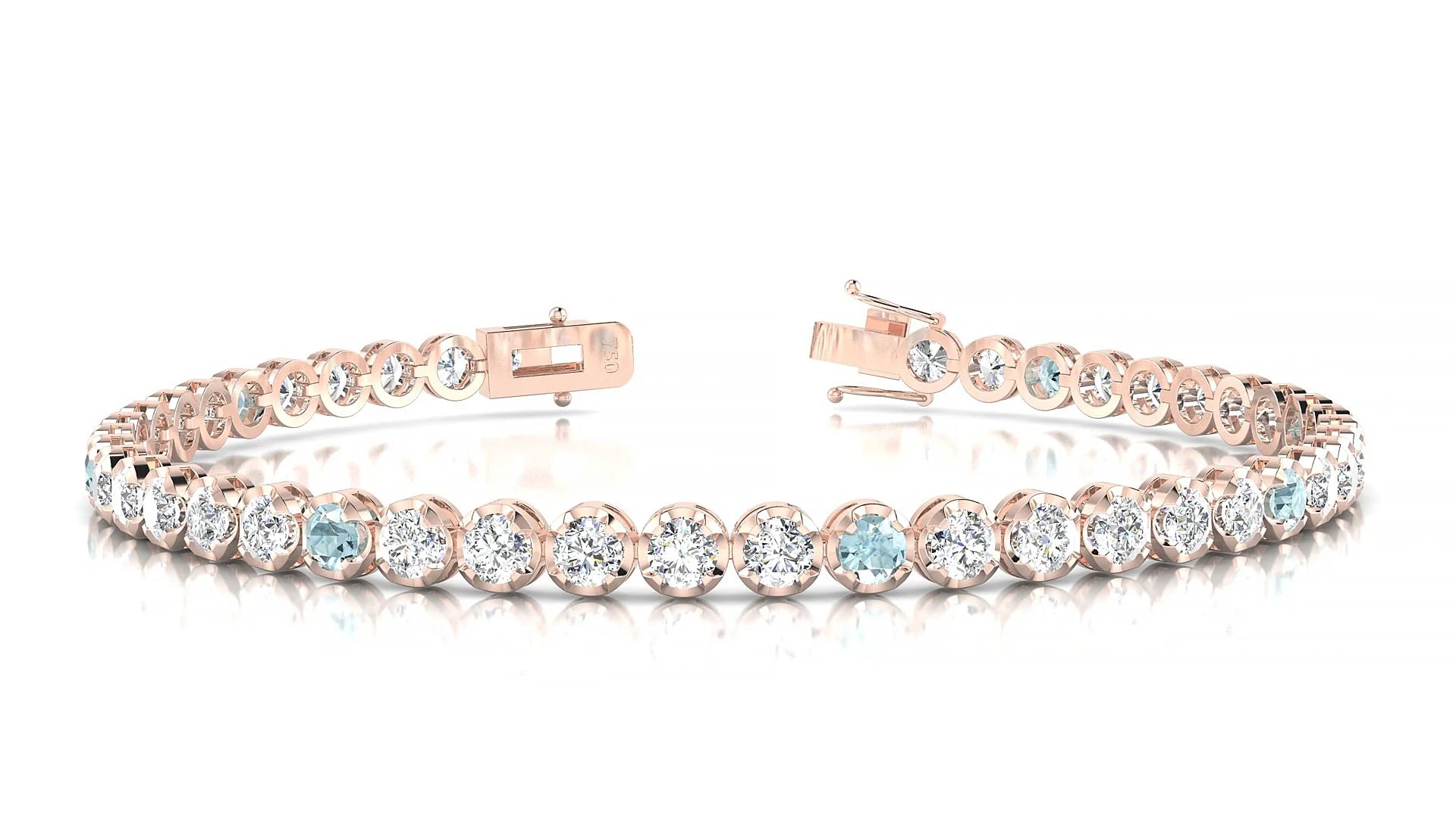 Bengal 1-5 | 18k Rose Gold 3 mm Round Natural Aquamarine & Diamond Tennis Bracelet