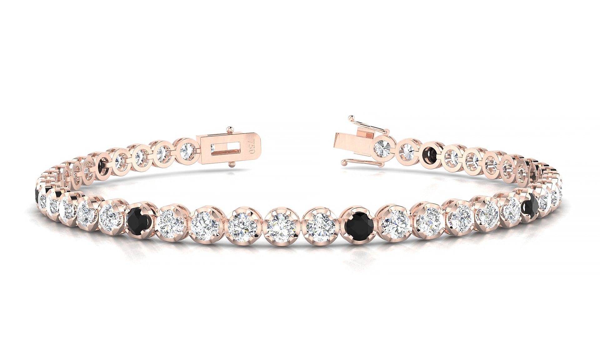 Bengal 1-5 | 18k Rose Gold 3 mm Round Natural Black Diamond & Diamond 15 cm Tennis Bracelet
