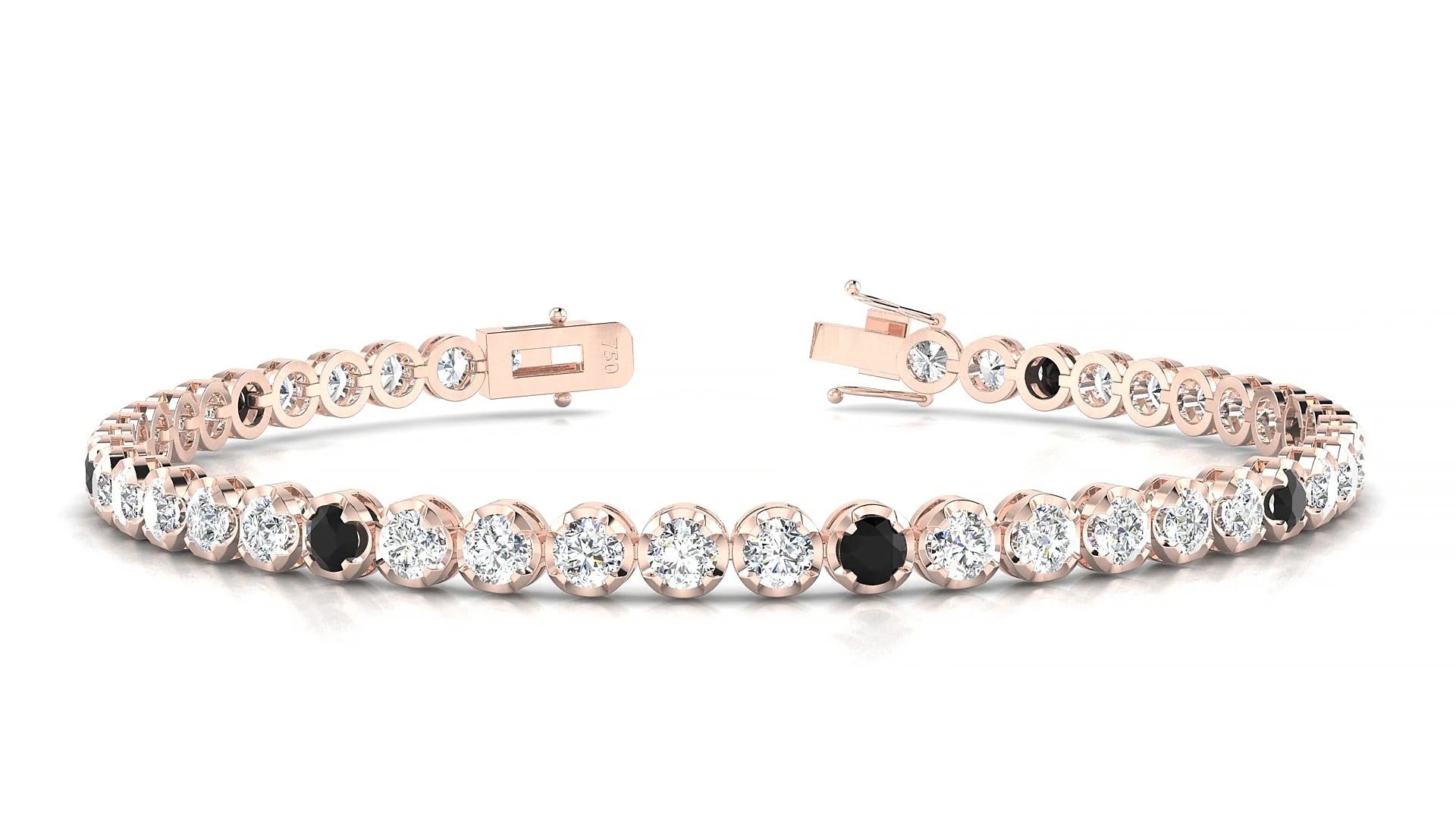 Bengal 1-5 | 18k Rose Gold 3 mm Round Natural Black Diamond & Diamond Tennis Bracelet
