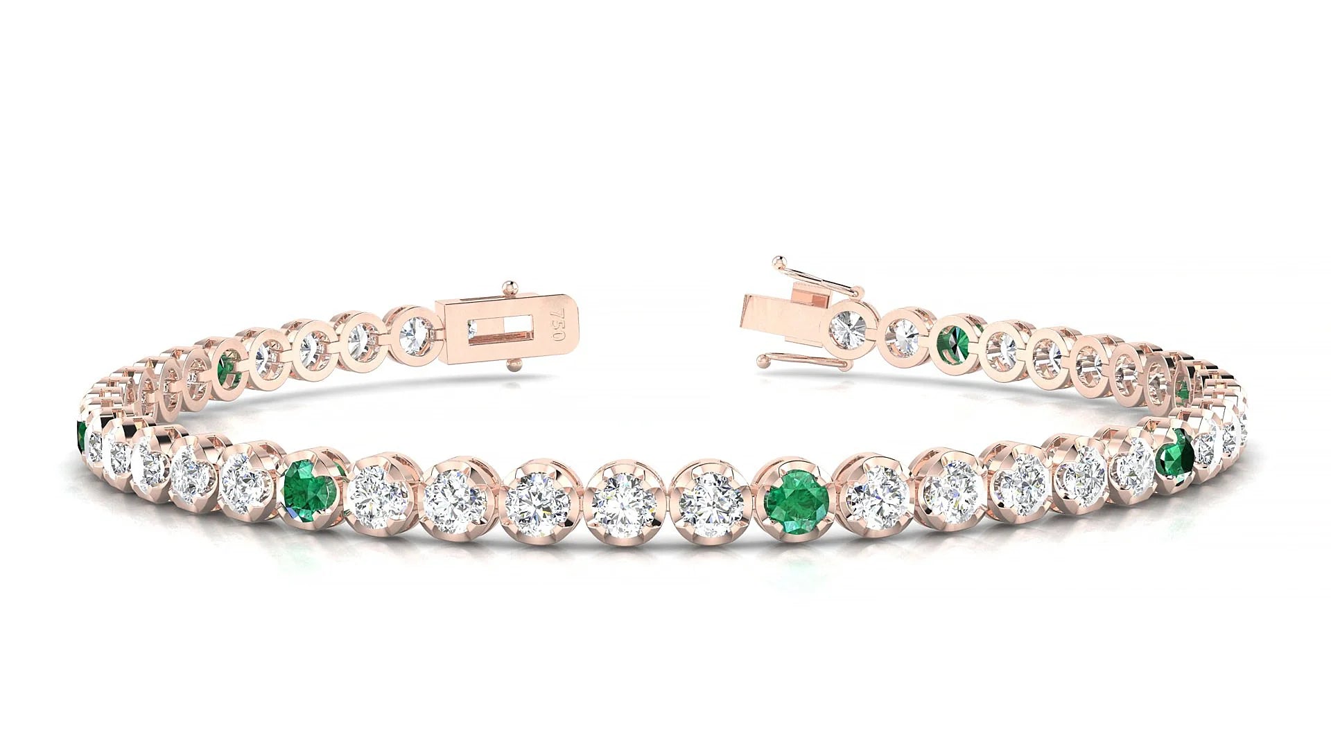Bengal 1-5 | 18k Rose Gold 3 mm Round Natural Emerald & Diamond Tennis Bracelet