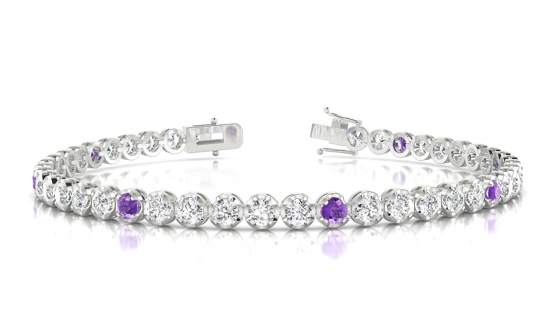 Bengal 1-5 | 18k White Gold 3 mm Round Natural Amethyst & Diamond 19 cm Tennis Bracelet