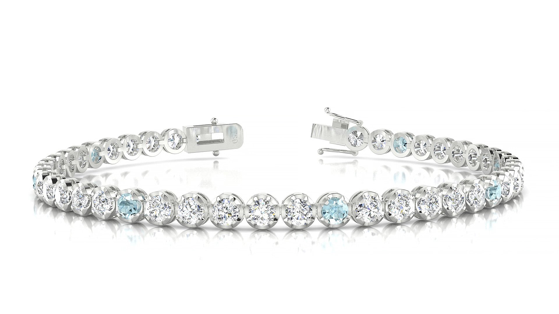 Bengal 1-5 | 18k White Gold 3 mm Round Natural Aquamarine & Diamond 15 cm Tennis Bracelet
