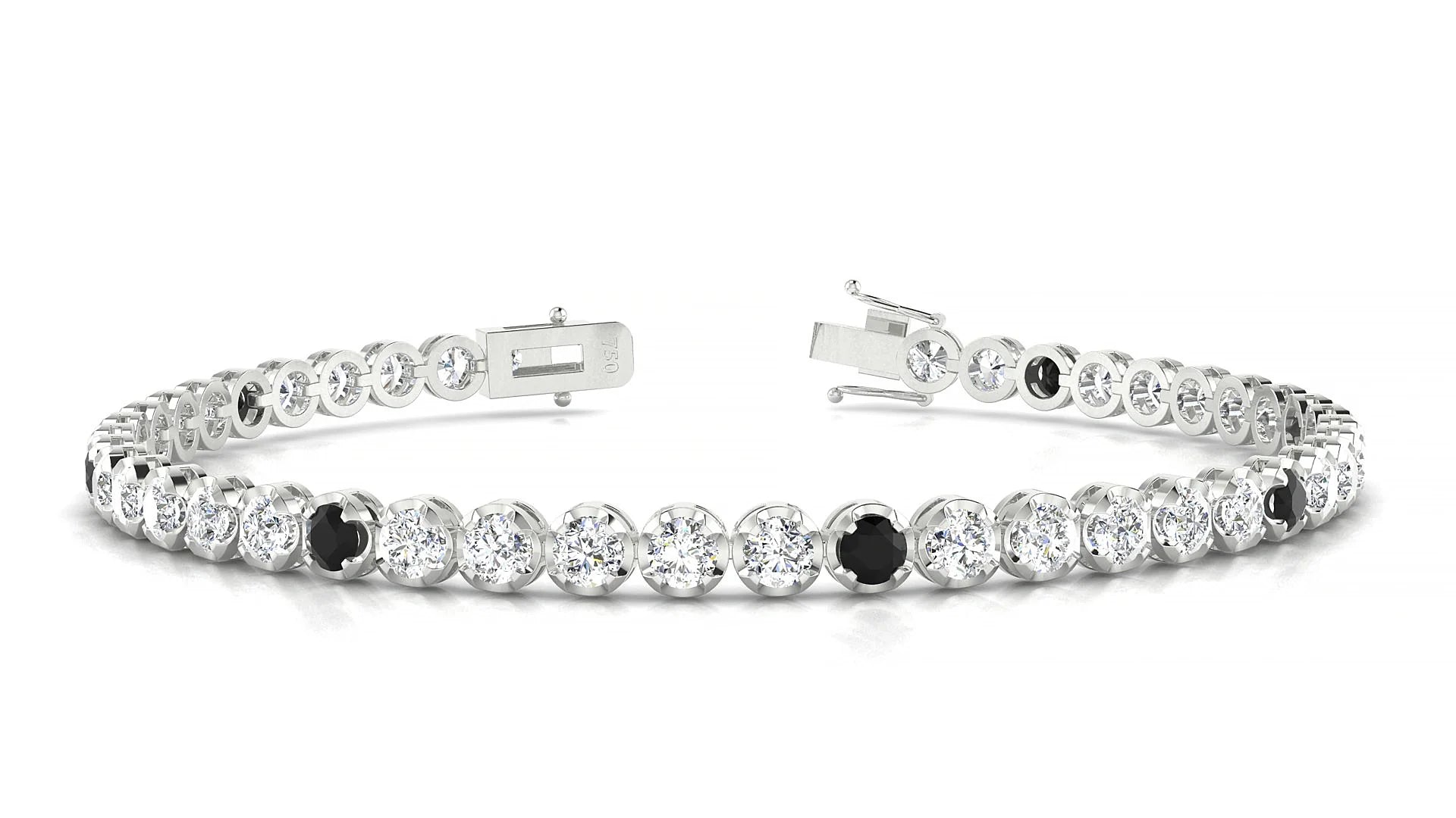 Bengal 1-5 | 18k White Gold 3 mm Round Natural Black Diamond & Diamond Tennis Bracelet