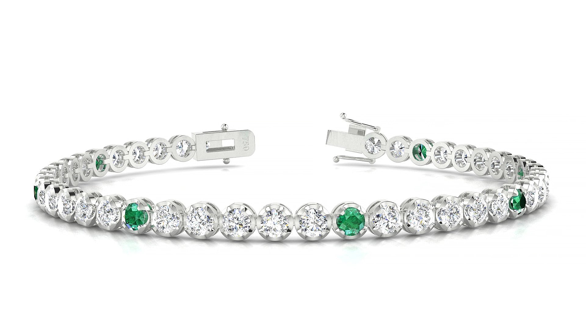 Bengal 1-5 | 18k White Gold 3 mm Round Natural Emerald & Diamond 15 cm Tennis Bracelet