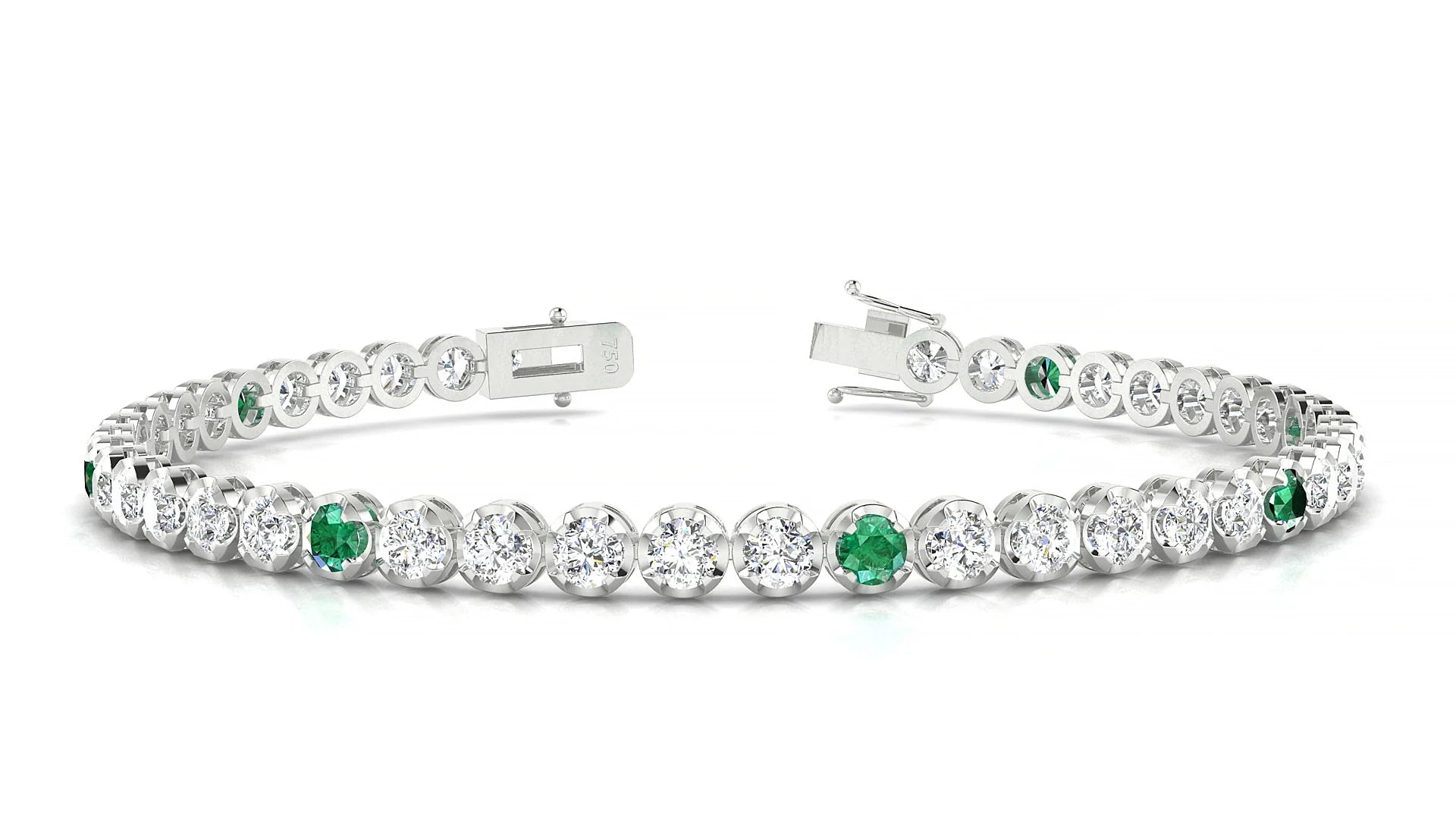 Bengal 1-5 | 18k White Gold 3 mm Round Natural Emerald & Diamond Tennis Bracelet