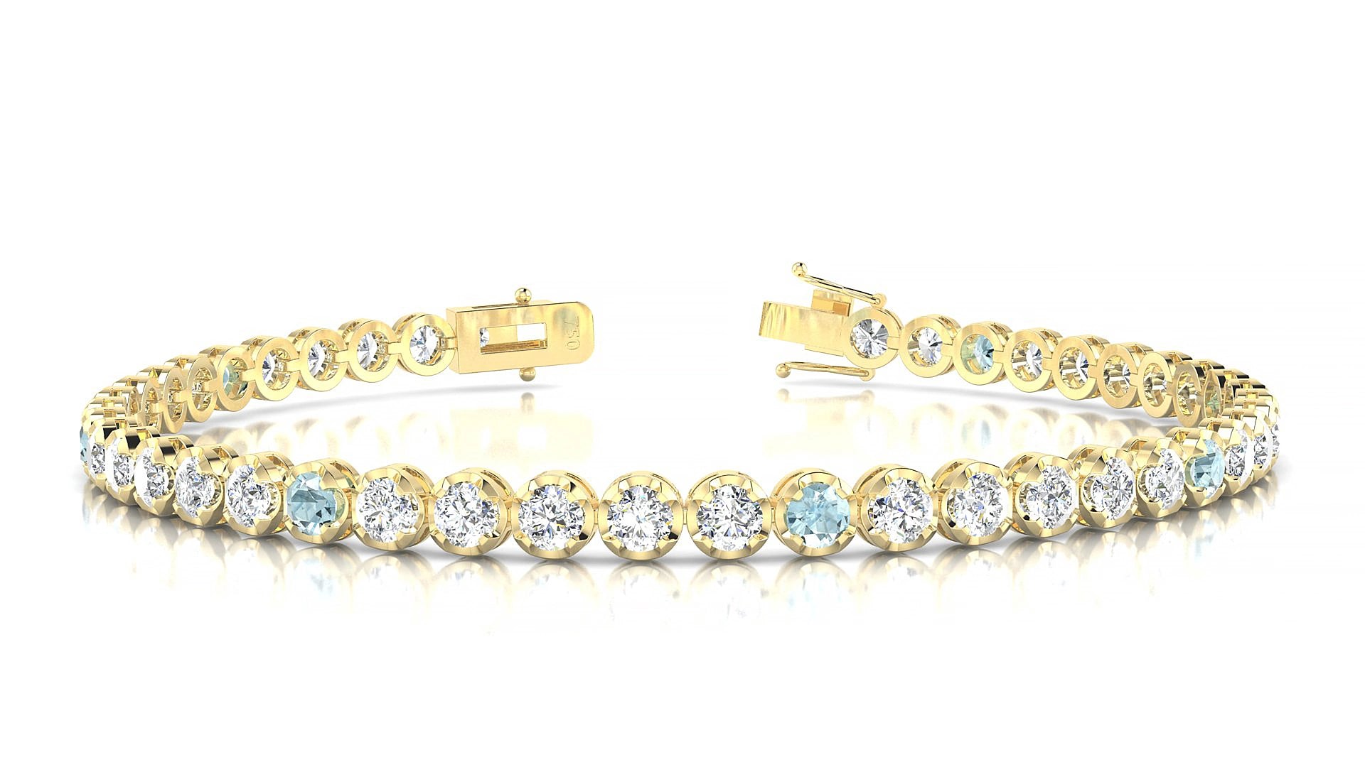 Bengal 1-5 | 18k Yellow Gold 3 mm Round Natural Aquamarine & Diamond 15 cm Tennis Bracelet