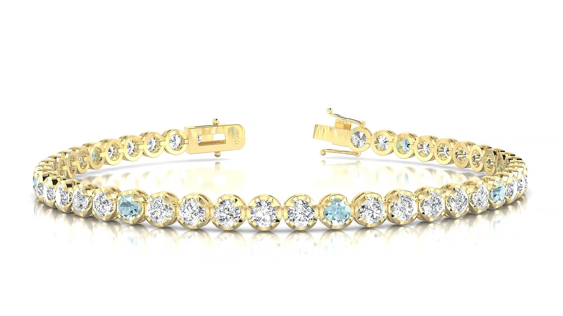 Bengal 1-5 | 18k Yellow Gold 3 mm Round Natural Aquamarine & Diamond Tennis Bracelet