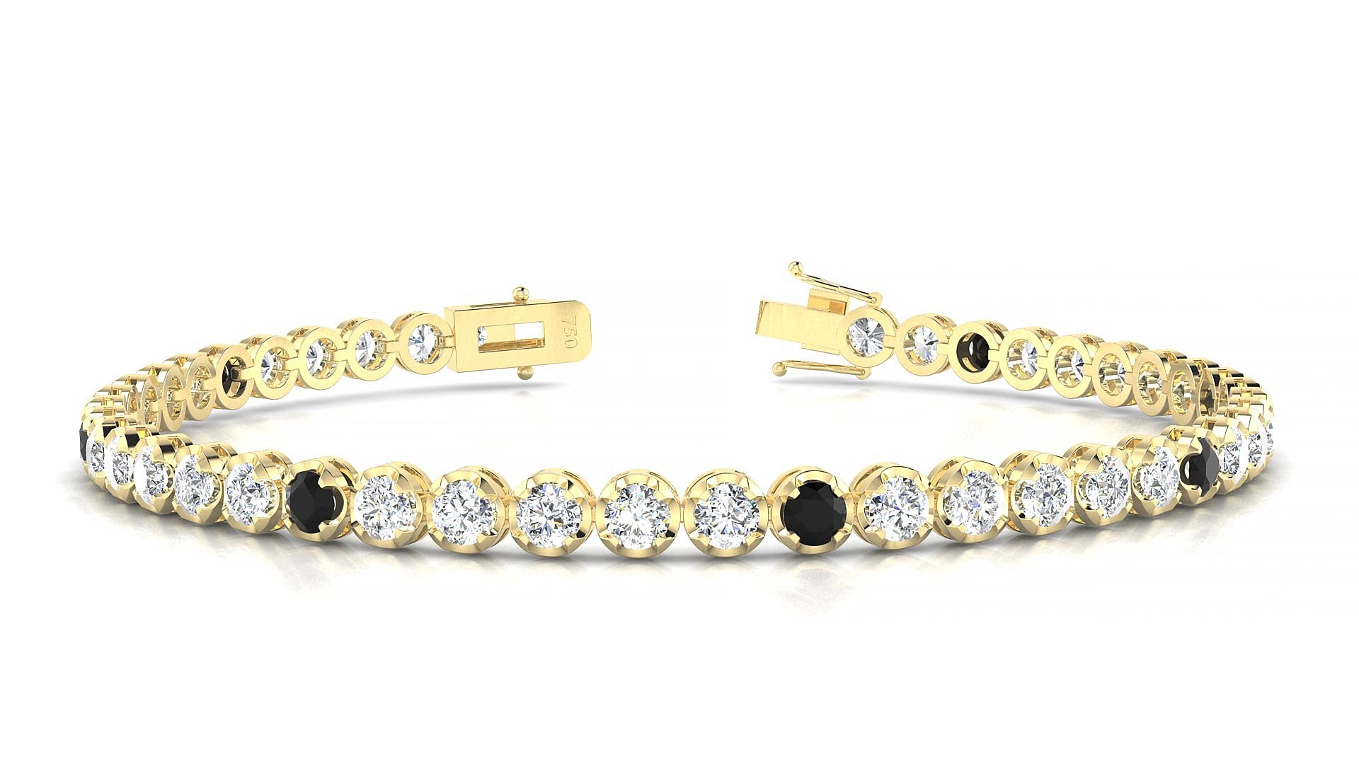 Bengal 1-5 | 18k Yellow Gold 3 mm Round Natural Black Diamond & Diamond 15 cm Tennis Bracelet