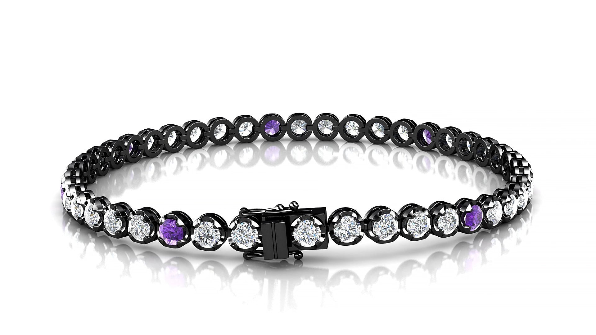 Bengal 1-5 | 18k Black Gold 3 mm Round Natural Amethyst & Diamond 19 cm Tennis Bracelet