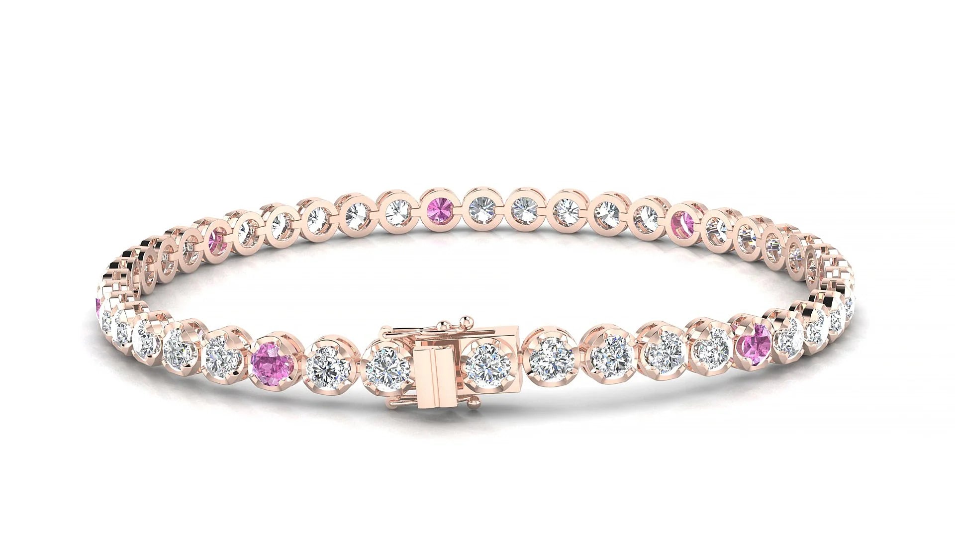 Bengal 1-5 | 18k Rose Gold 3 mm Round Natural Pink Sapphire & Diamond Tennis Bracelet