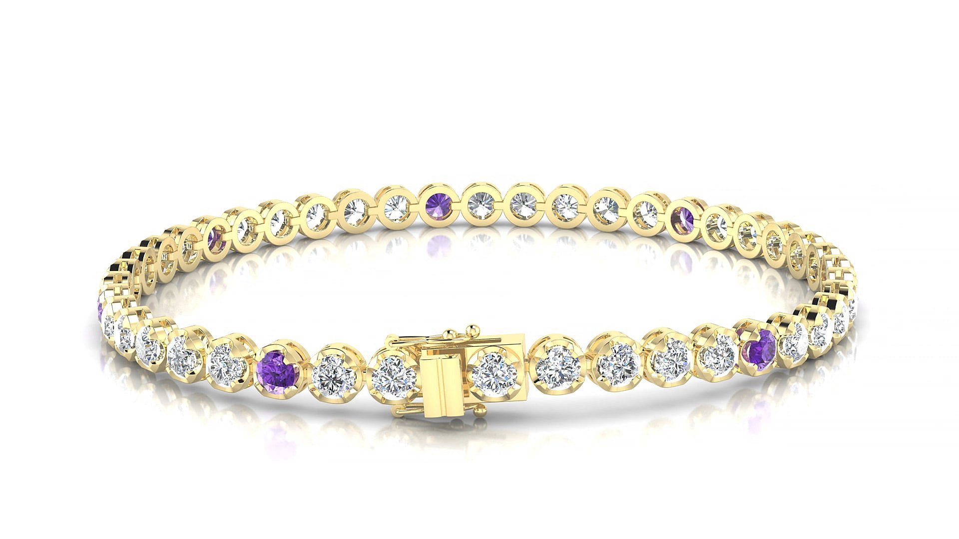 Bengal 1-5 | 18k Yellow Gold 3 mm Round Natural Amethyst & Diamond 19 cm Tennis Bracelet