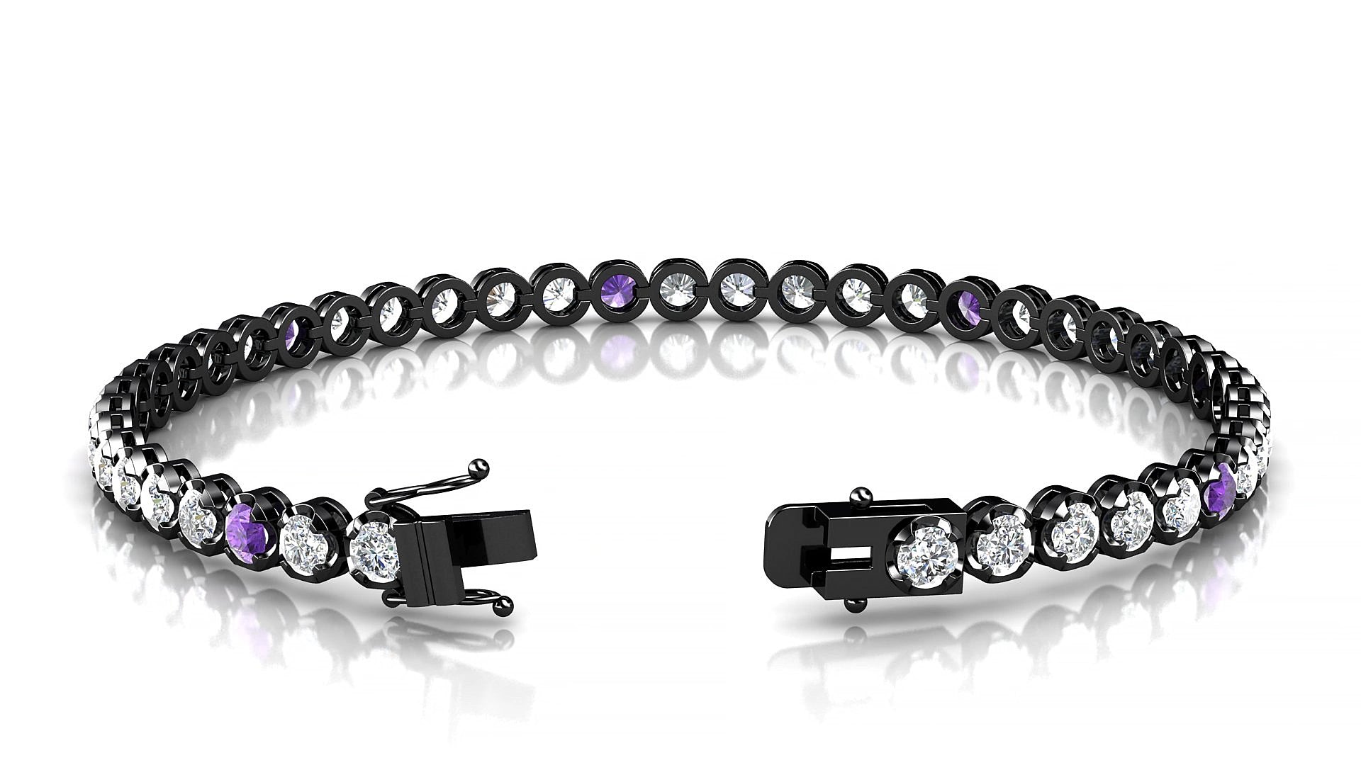 Bengal 1-5 | 18k Black Gold 3 mm Round Natural Amethyst & Diamond 19 cm Tennis Bracelet