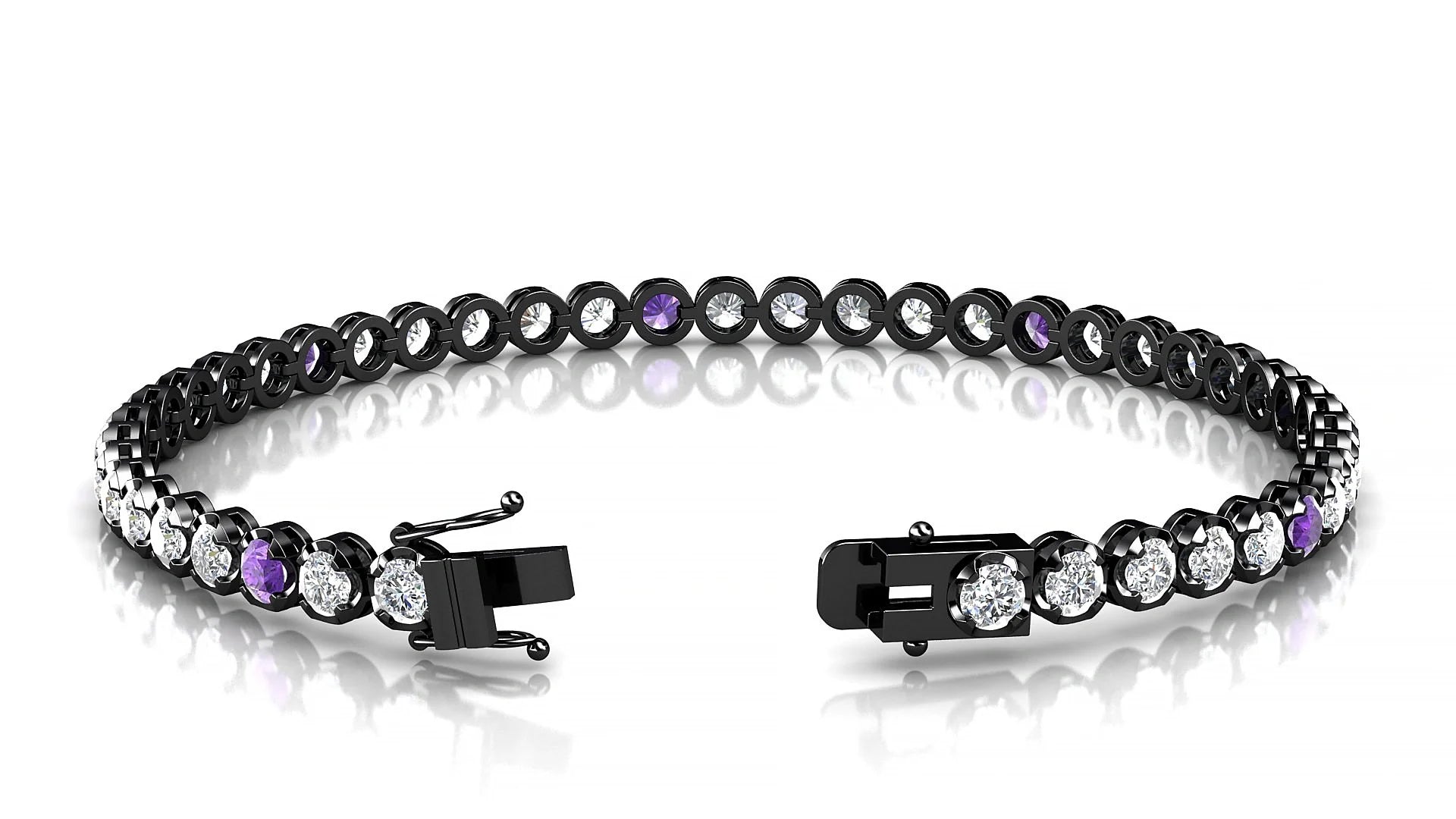 Bengal 1-5 | 18k Black Gold 3 mm Round Natural Amethyst & Diamond Tennis Bracelet