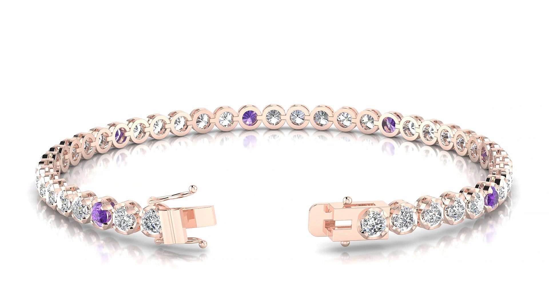 Bengal 1-5 | 18k Rose Gold 3 mm Round Natural Amethyst & Diamond 15 cm Tennis Bracelet