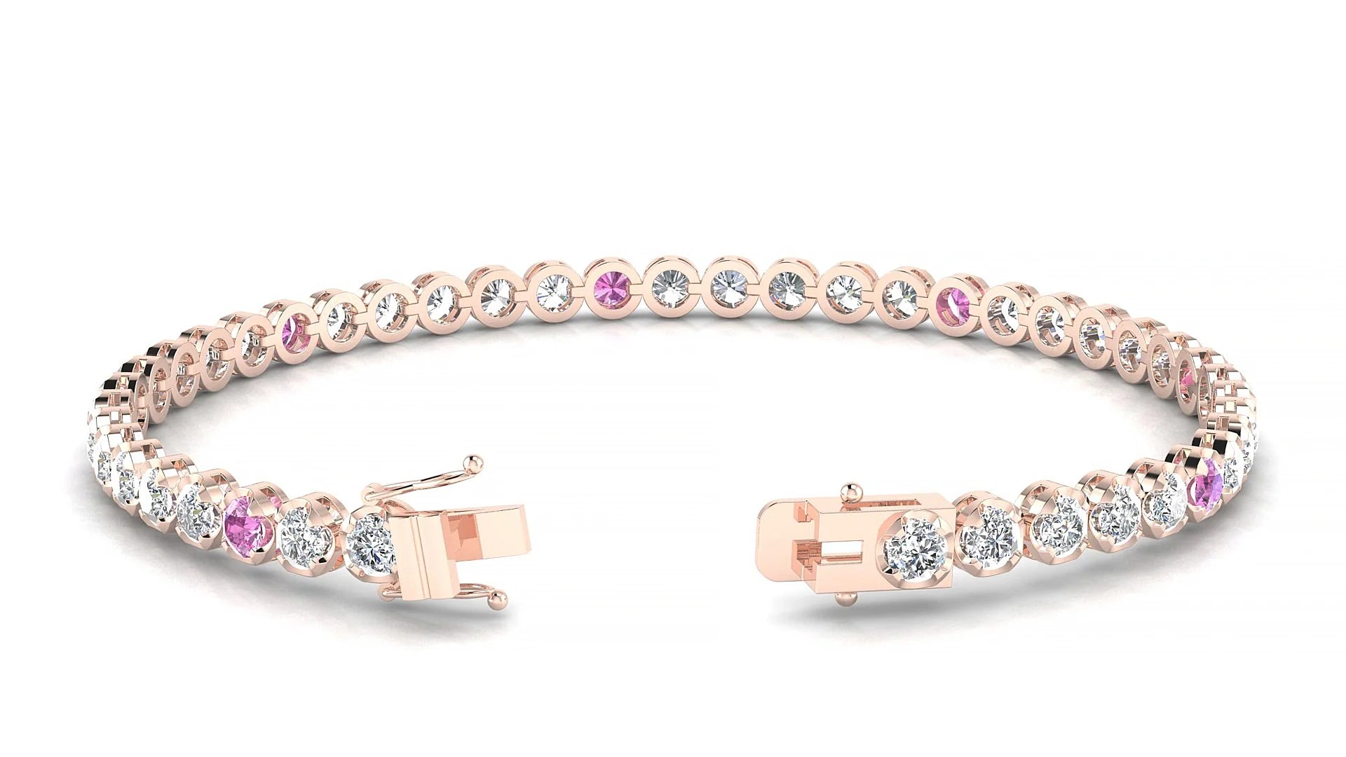 Bengal 1-5 | 18k Rose Gold 3 mm Round Natural Pink Sapphire & Diamond Tennis Bracelet