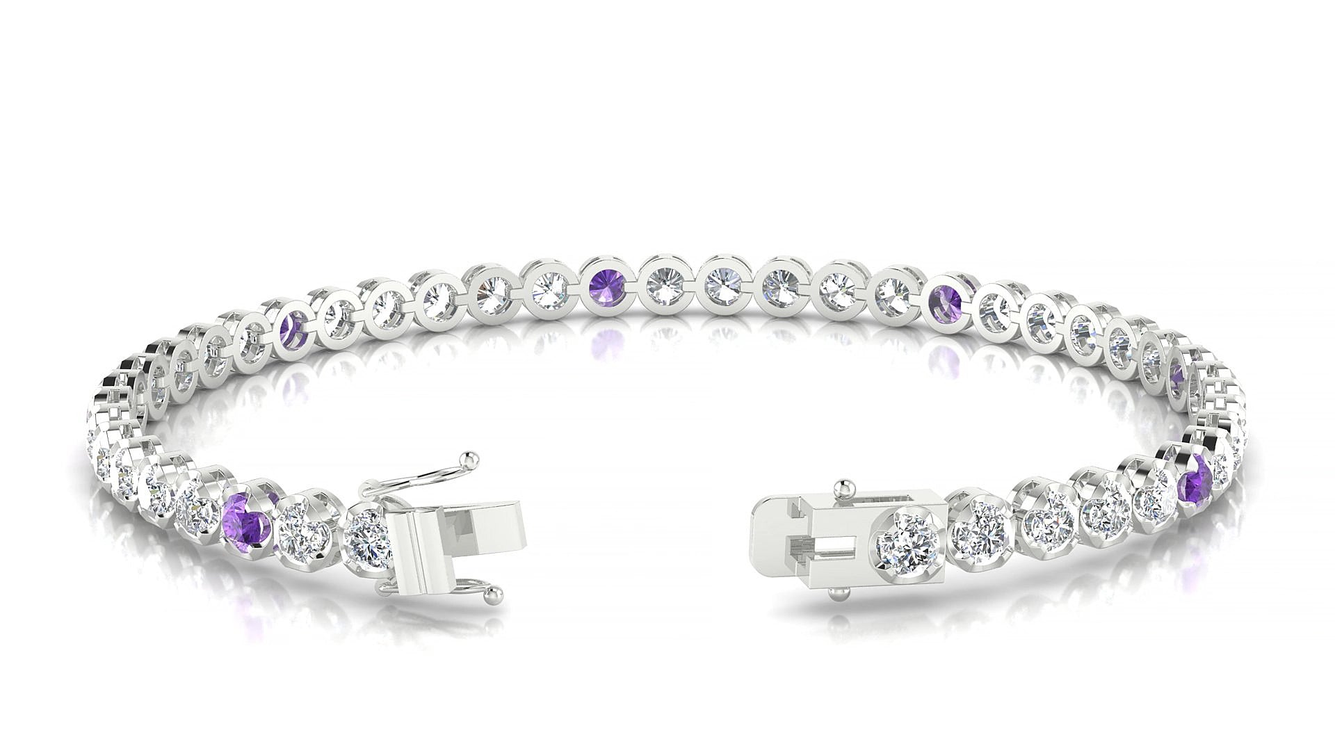 Bengal 1-5 | 18k White Gold 3 mm Round Natural Amethyst & Diamond 17 cm Tennis Bracelet
