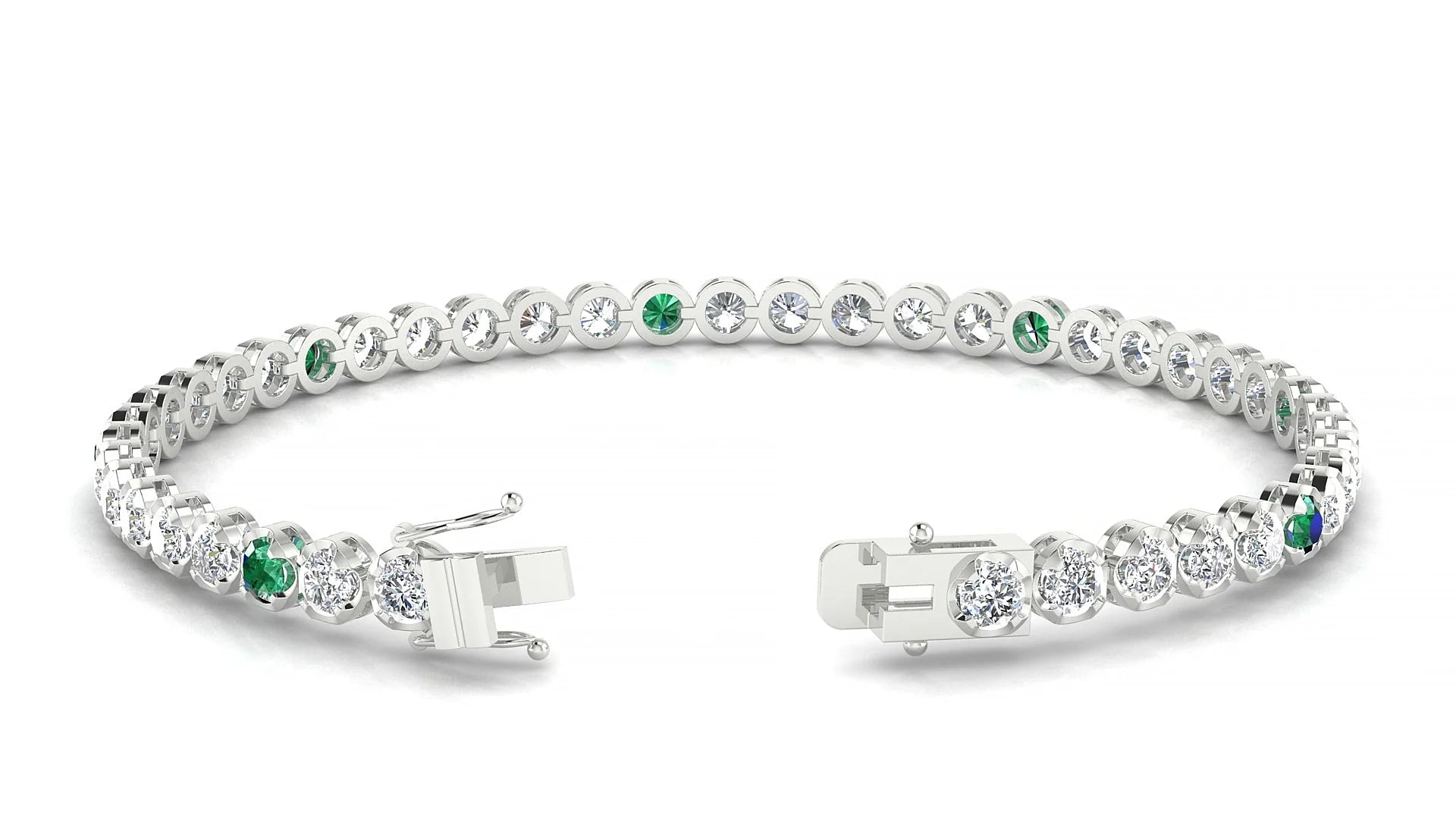 Bengal 1-5 | 18k White Gold 3 mm Round Natural Emerald & Diamond Tennis Bracelet
