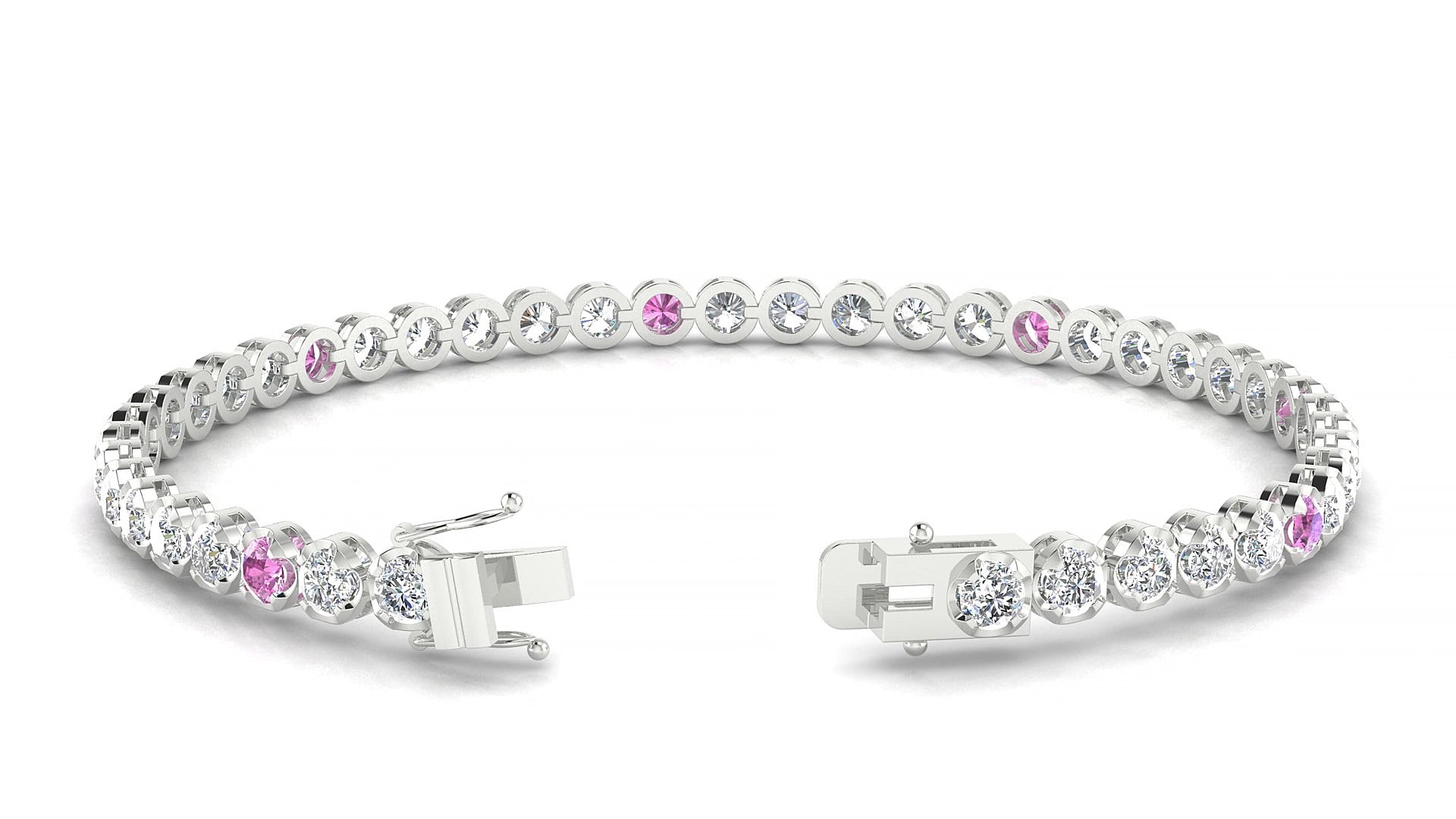 Bengal 1-5 | 18k White Gold 3 mm Round Natural Pink Sapphire & Diamond 15 cm Tennis Bracelet
