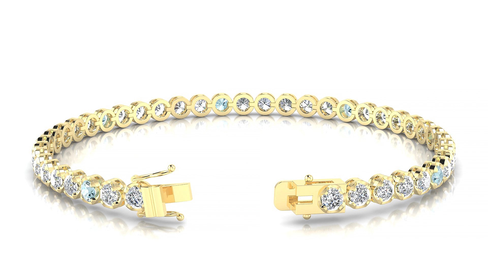 Bengal 1-5 | 18k Yellow Gold 3 mm Round Natural Aquamarine & Diamond 15 cm Tennis Bracelet