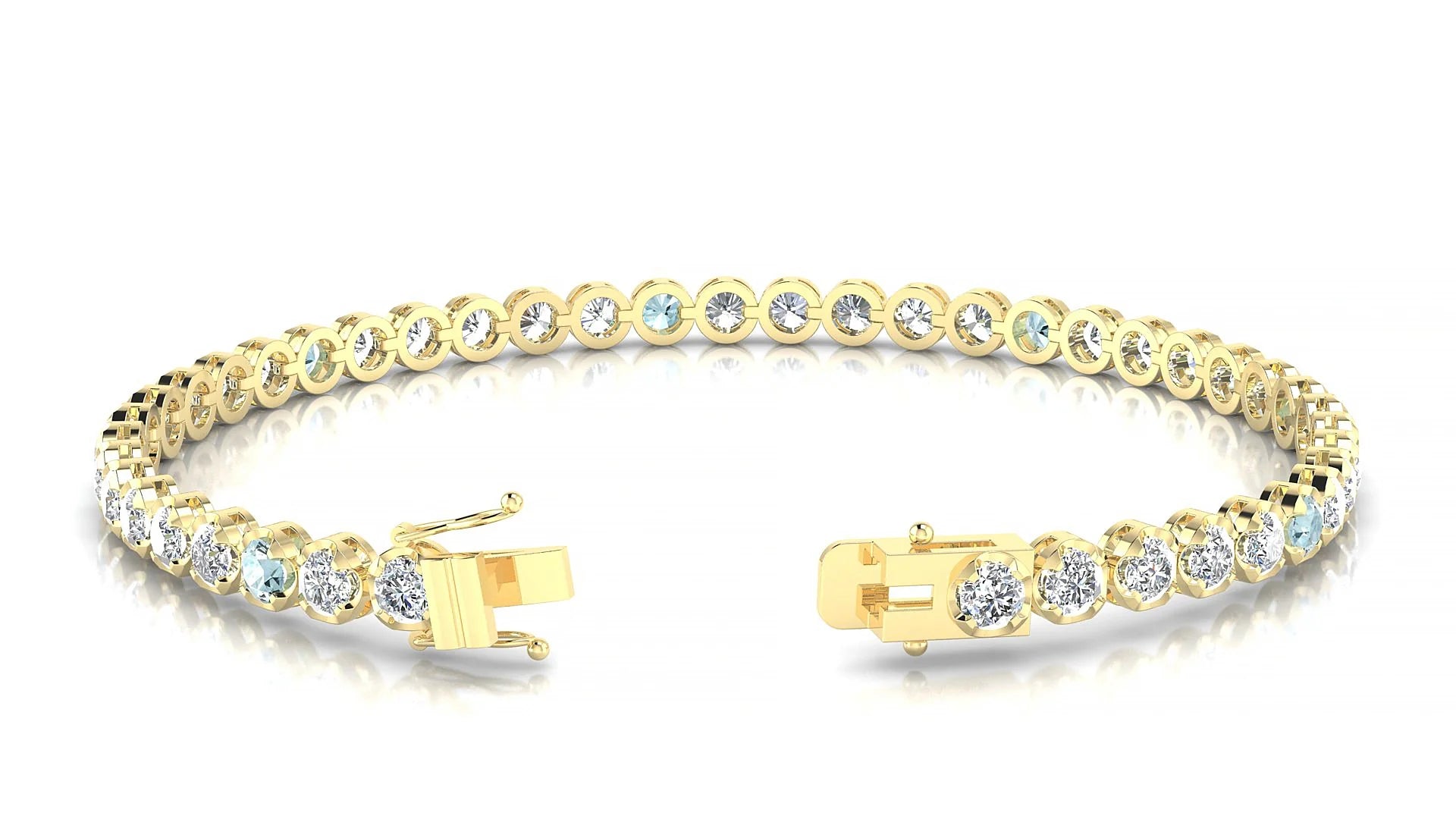 Bengal 1-5 | 18k Yellow Gold 3 mm Round Natural Aquamarine & Diamond Tennis Bracelet