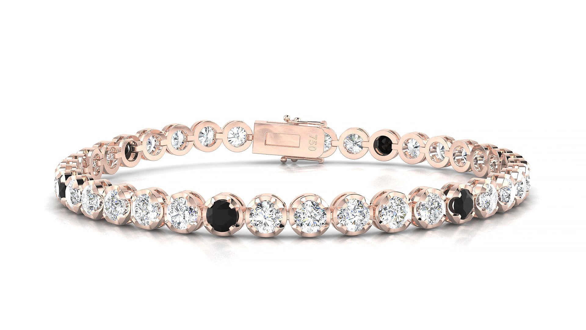 Bengal 1-5 | 18k Rose Gold 3.4 mm Round Natural Black Diamond & Diamond 15 cm Tennis Bracelet