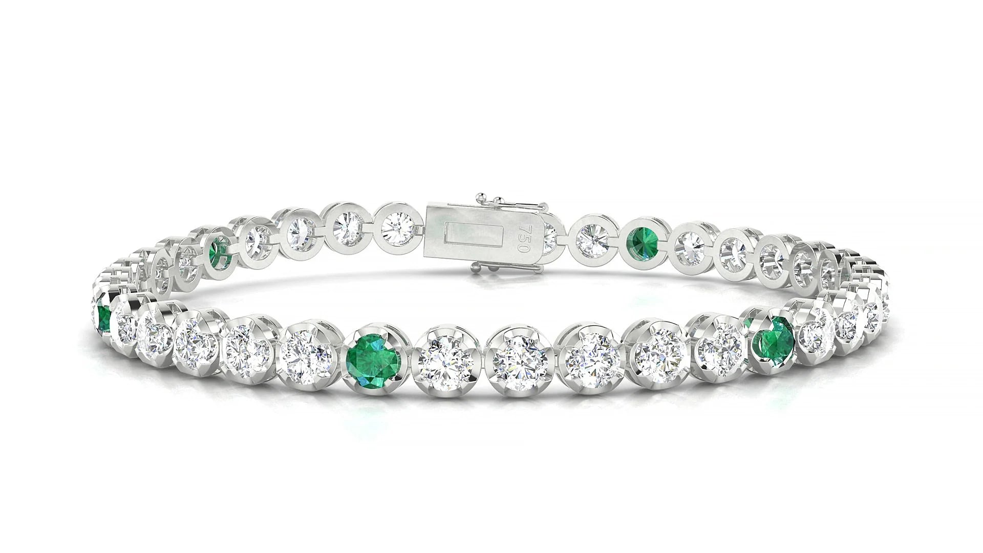 Bengal 1-5 | 18k White Gold 3.4 mm Round Natural Emerald & Diamond Tennis Bracelet