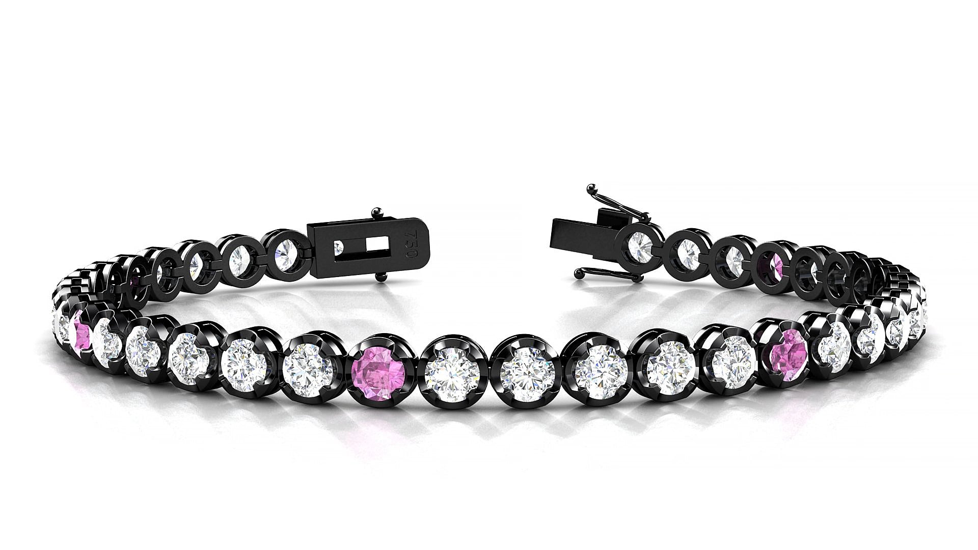 Bengal 1-5 | 18k Black Gold 3.4 mm Round Natural Pink Sapphire & Diamond 15 cm Tennis Bracelet