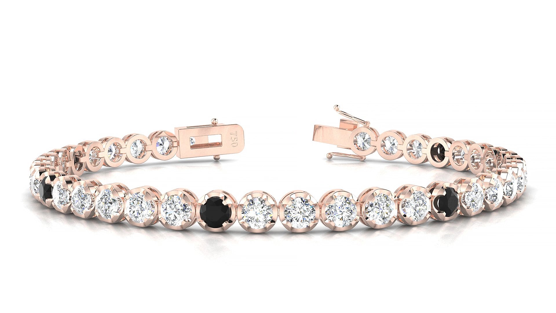 Bengal 1-5 | 18k Rose Gold 3.4 mm Round Natural Black Diamond & Diamond 15 cm Tennis Bracelet