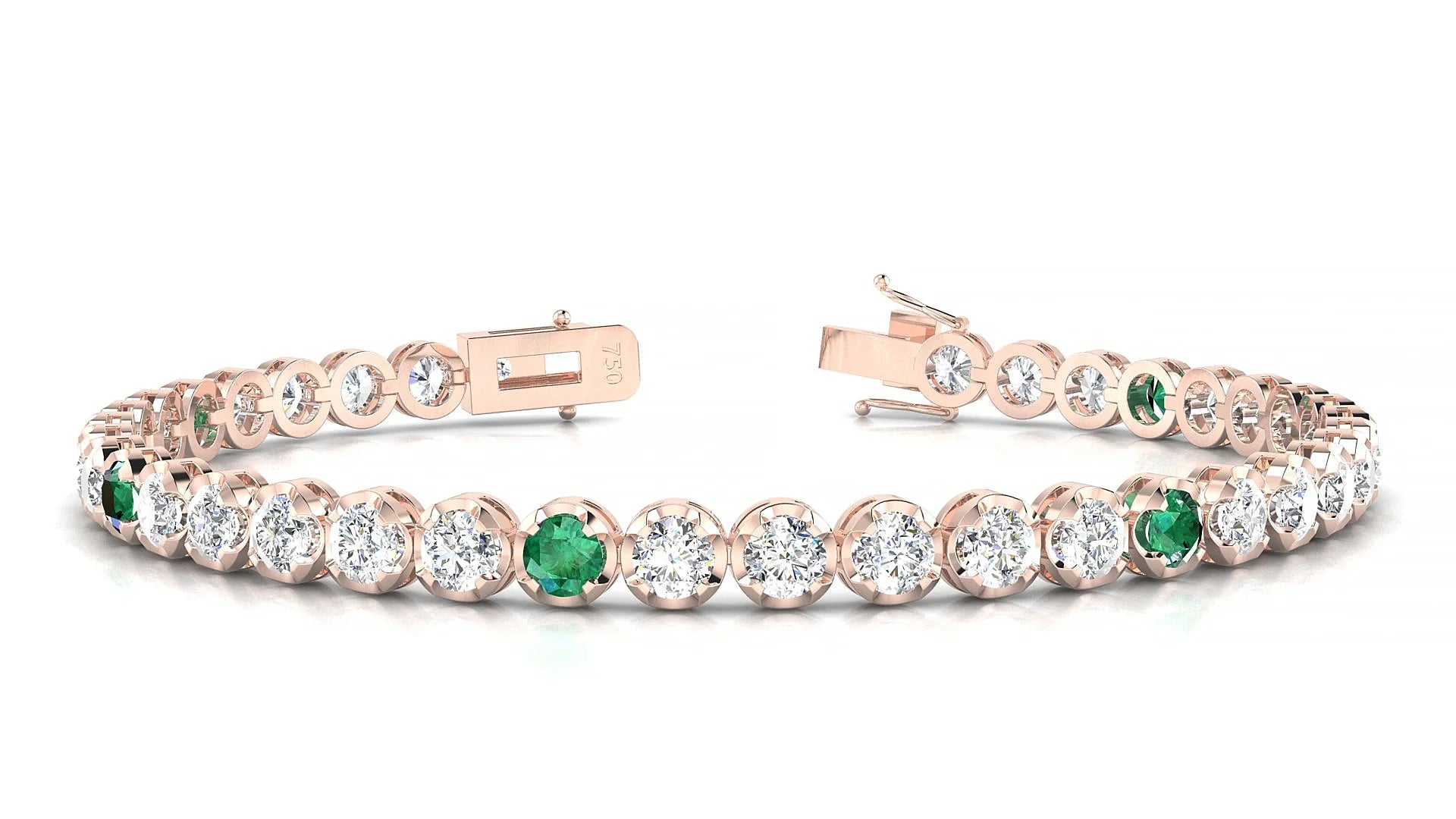Bengal 1-5 | 18k Rose Gold 3.4 mm Round Natural Emerald & Diamond Tennis Bracelet
