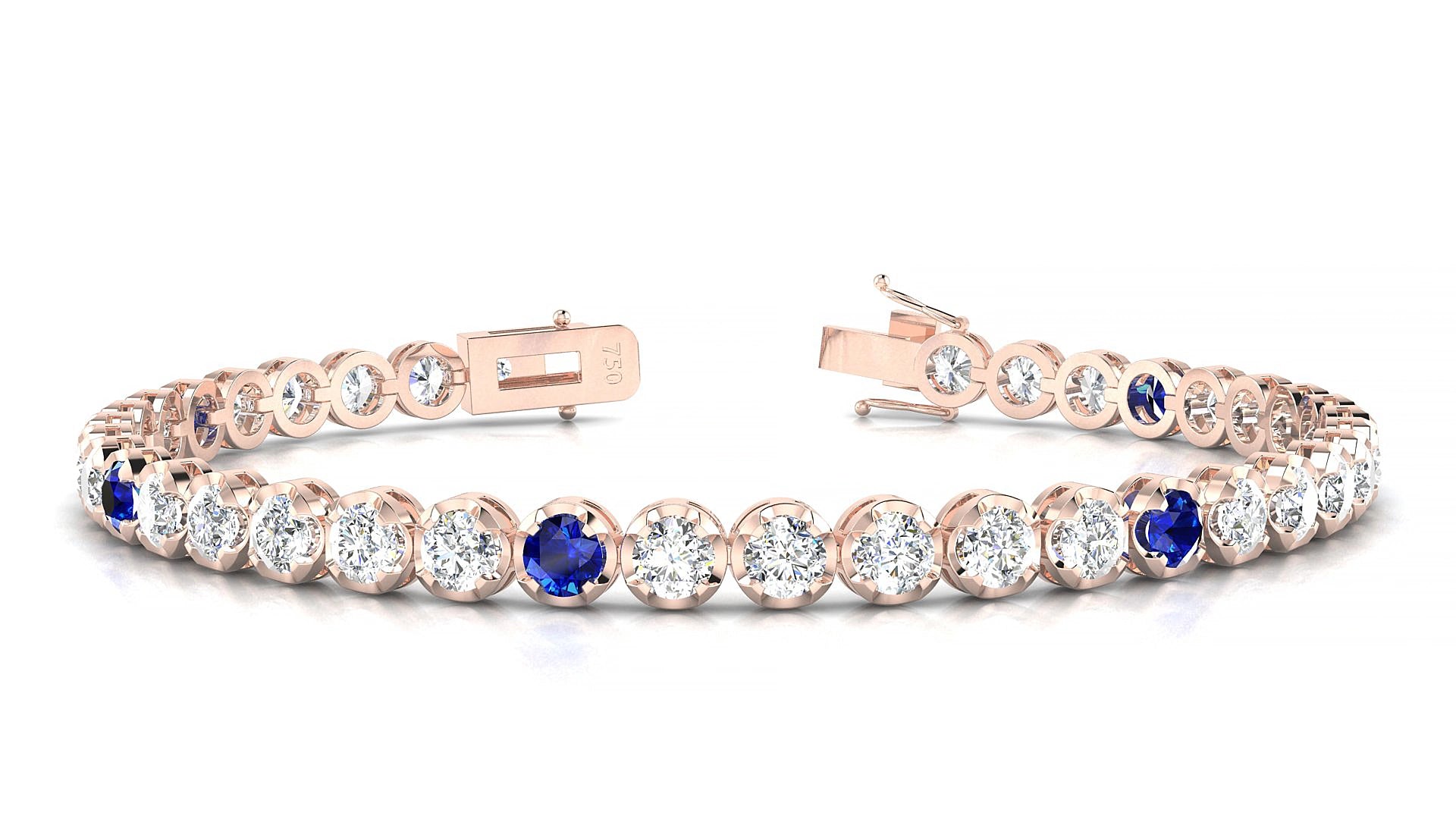 Bengal 1-5 | 18k Rose Gold 3.4 mm Round Natural Sapphire & Diamond 15 cm Tennis Bracelet