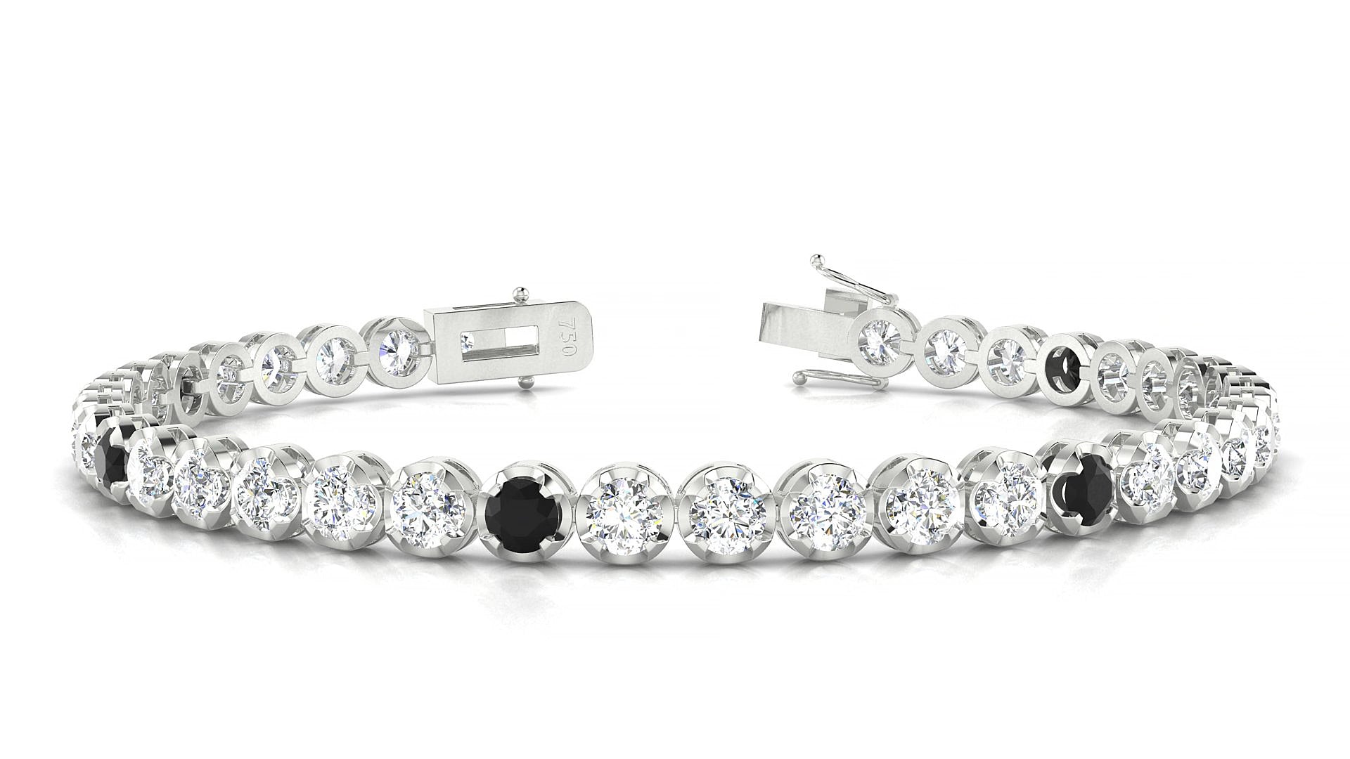 Bengal 1-5 | 18k White Gold 3.4 mm Round Natural Black Diamond & Diamond 15 cm Tennis Bracelet