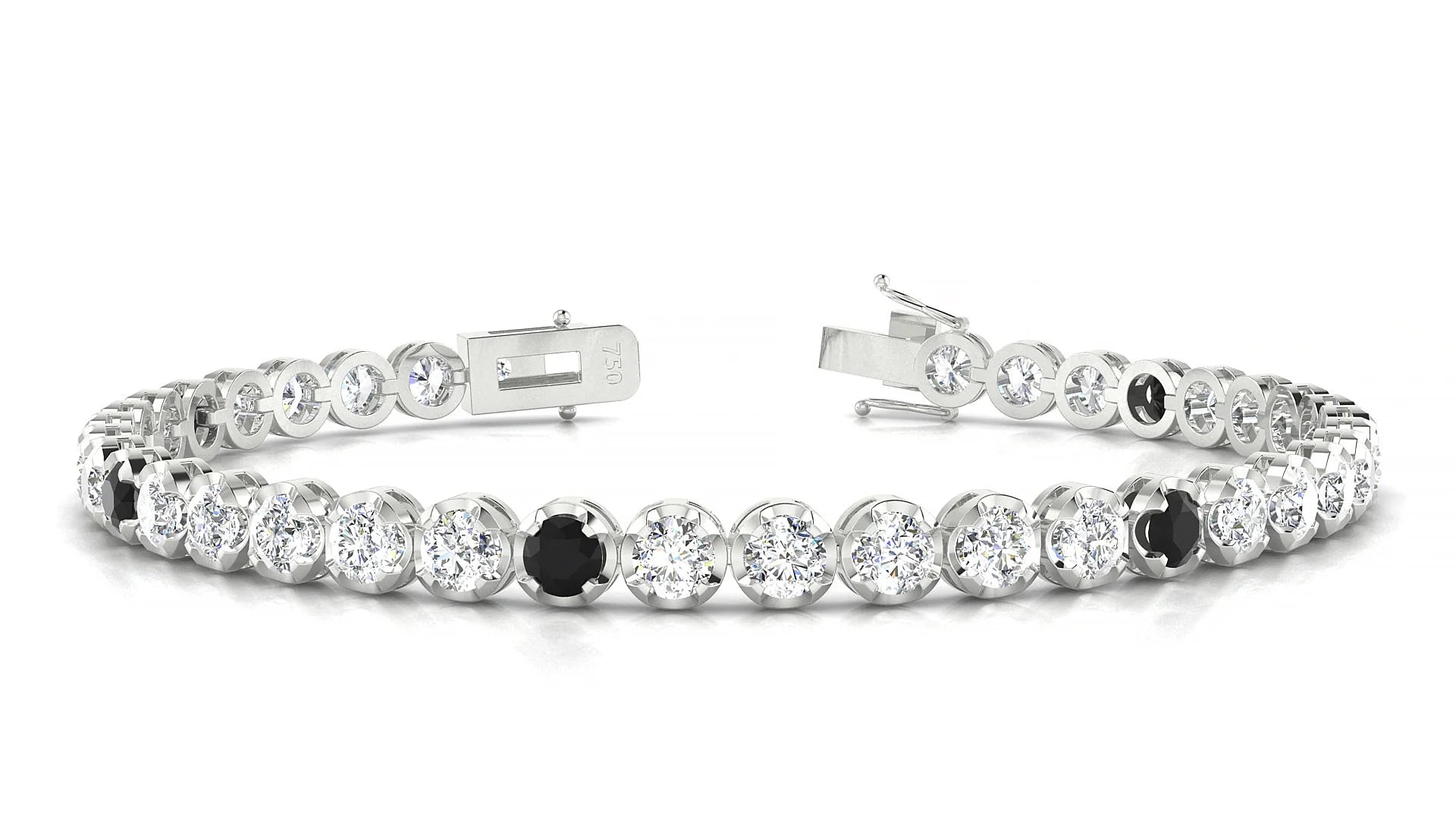 Bengal 1-5 | 18k White Gold 3.4 mm Round Natural Black Diamond & Diamond Tennis Bracelet