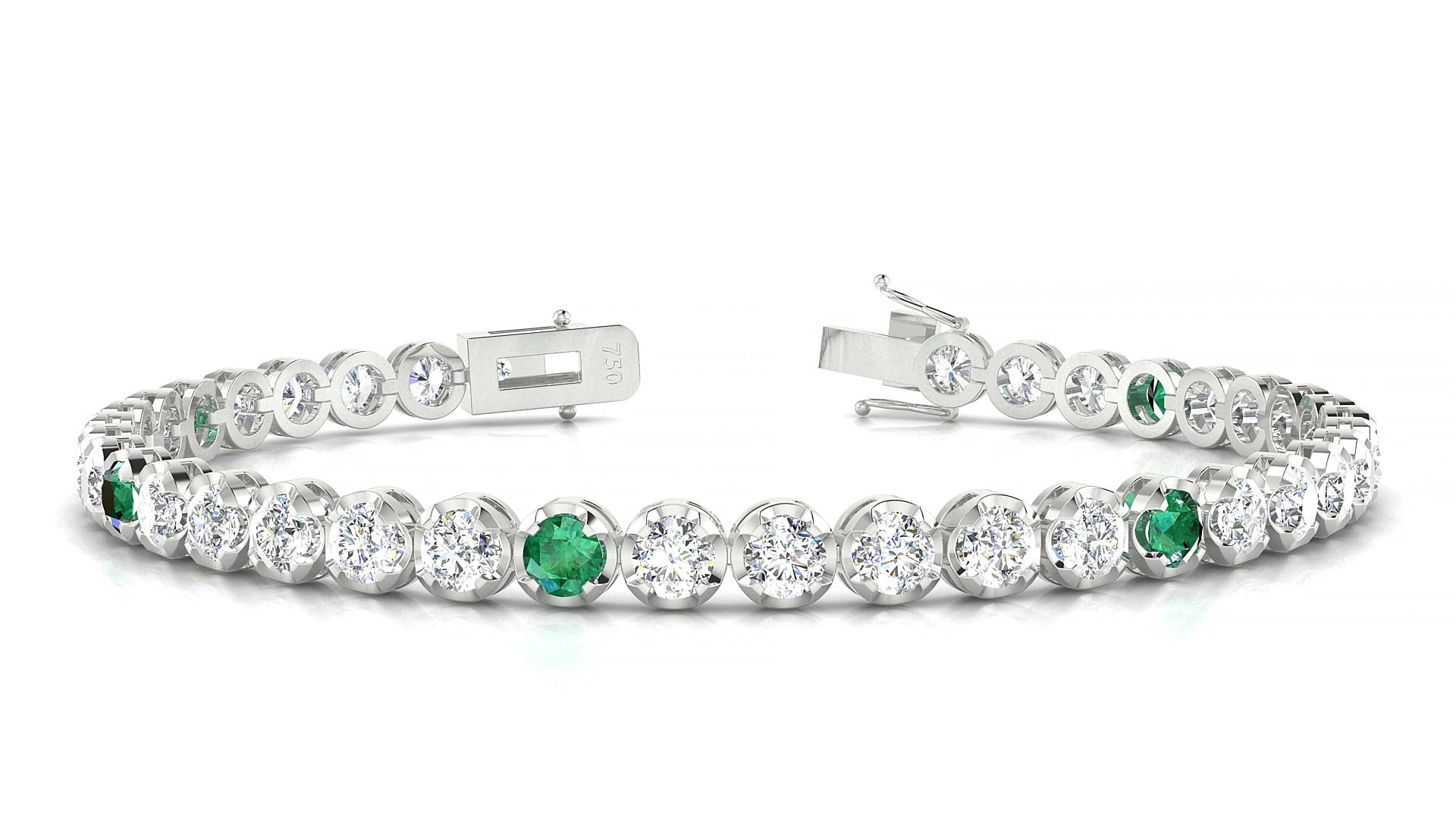 Bengal 1-5 | 18k White Gold 3.4 mm Round Natural Emerald & Diamond 15 cm Tennis Bracelet