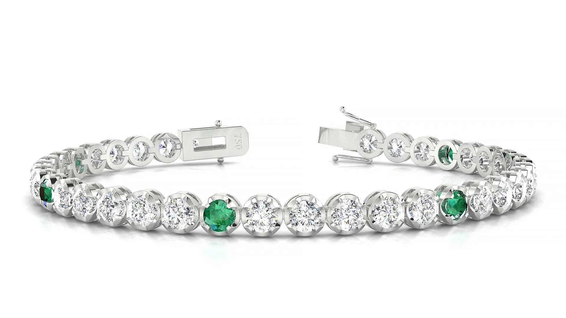 Bengal 1-5 | 18k White Gold 3.4 mm Round Natural Emerald & Diamond Tennis Bracelet