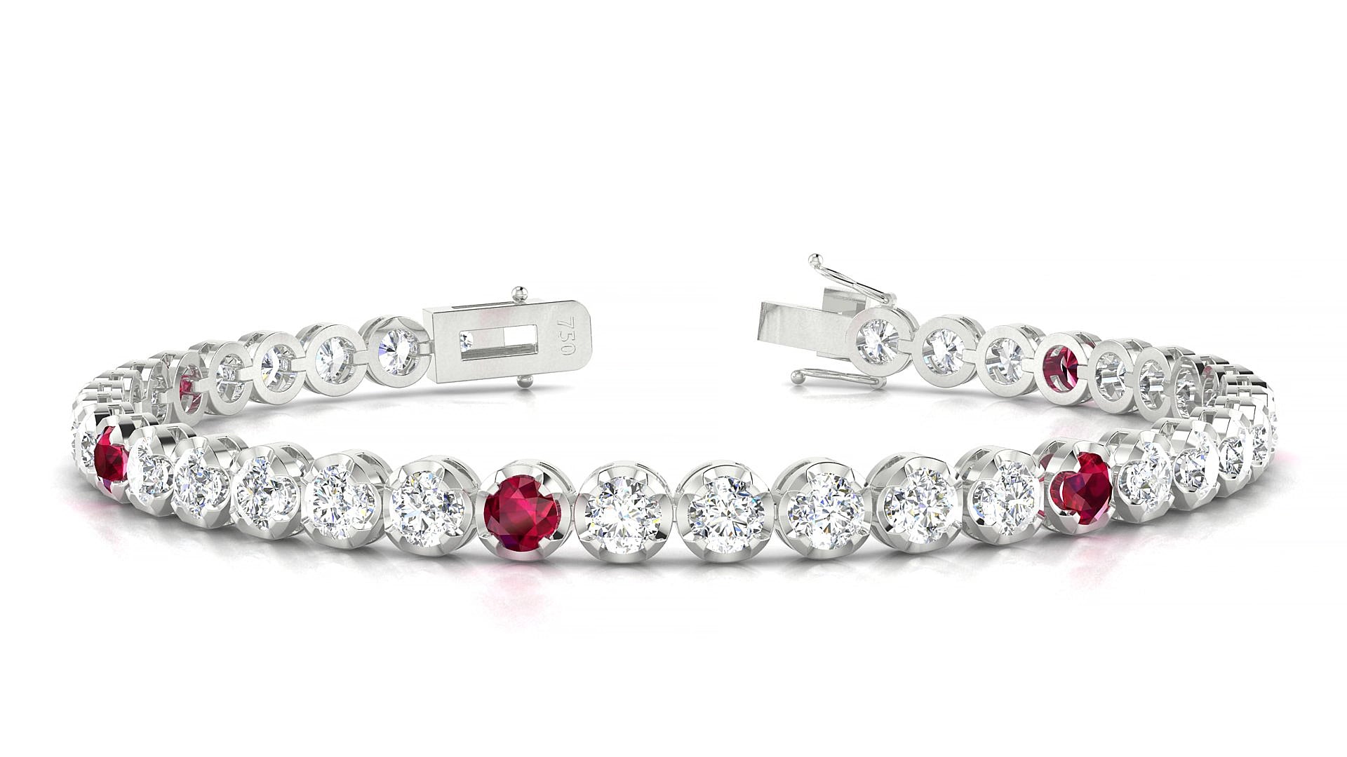 Bengal 1-5 | 18k White Gold 3.4 mm Round Natural Ruby & Diamond 15 cm Tennis Bracelet