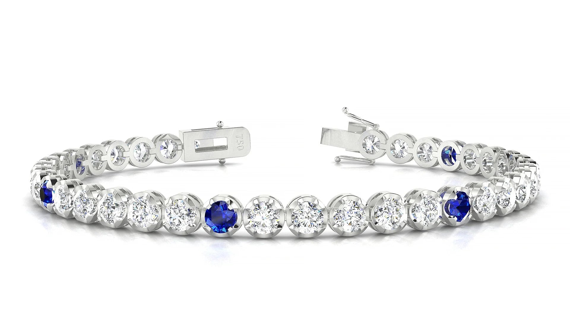 Bengal 1-5 | 18k White Gold 3.4 mm Round Natural Sapphire & Diamond Tennis Bracelet