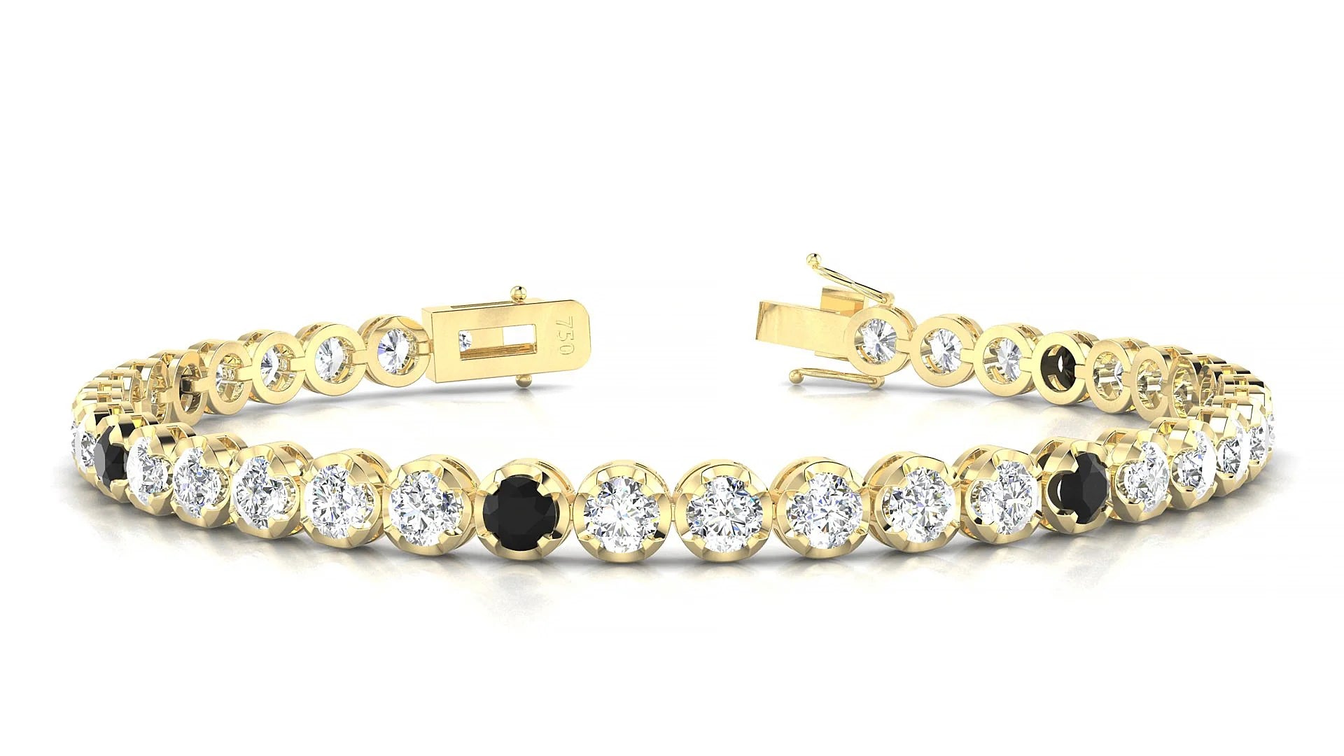 Bengal 1-5 | 18k Yellow Gold 3.4 mm Round Natural Black Diamond & Diamond Tennis Bracelet