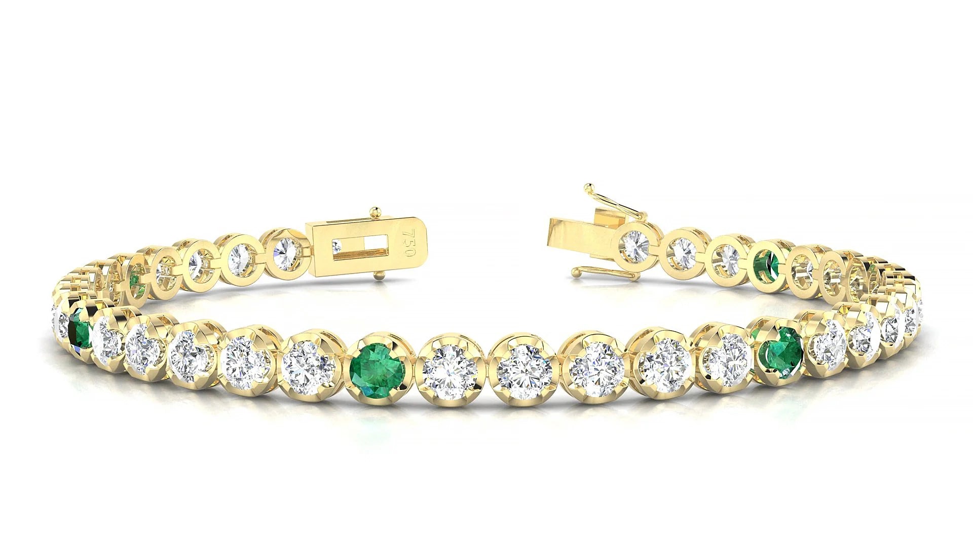 Bengal 1-5 | 18k Yellow Gold 3.4 mm Round Natural Emerald & Diamond Tennis Bracelet