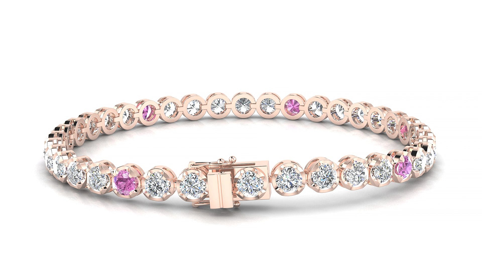 Bengal 1-5 | 18k Rose Gold 3.4 mm Round Natural Pink Sapphire & Diamond 15 cm Tennis Bracelet